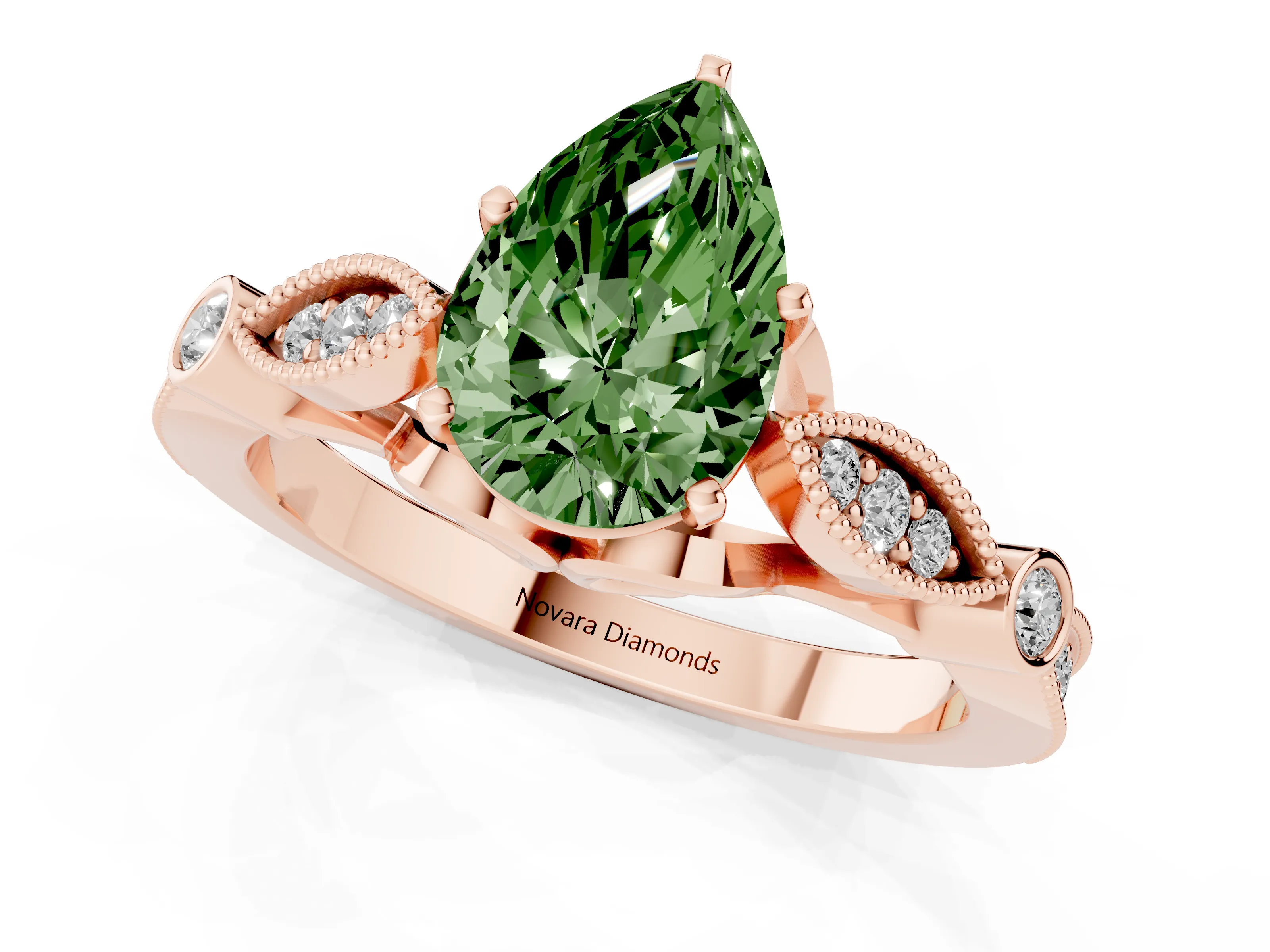 Fancy Green Pear Cut Diamond Solitaire Ring Set in Rose gold with Milgrain Marquise and Bezel Accents