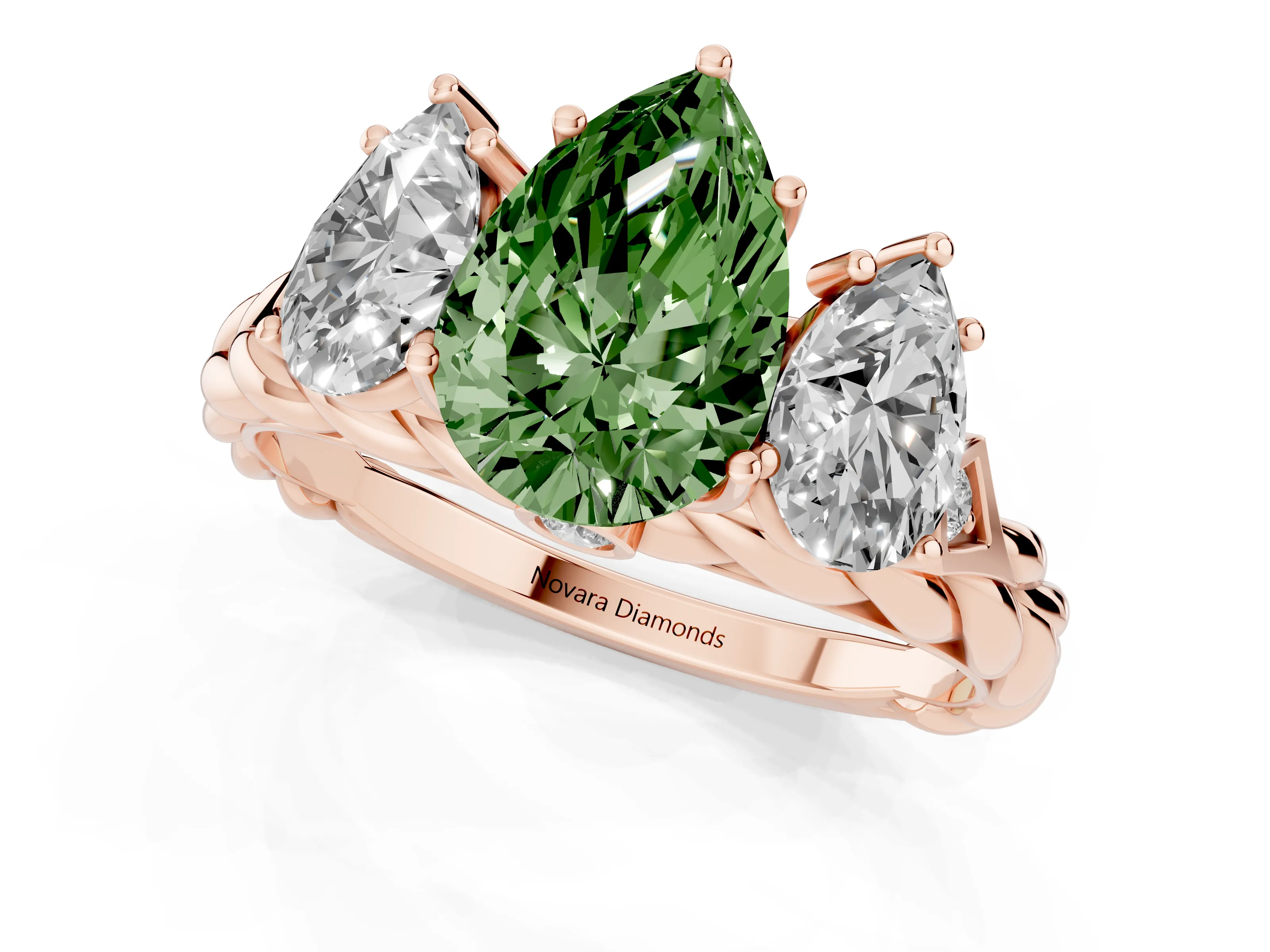 Fancy Green Pear Cut Diamond Three-Stone Ring Set in Rose gold with Braided Band