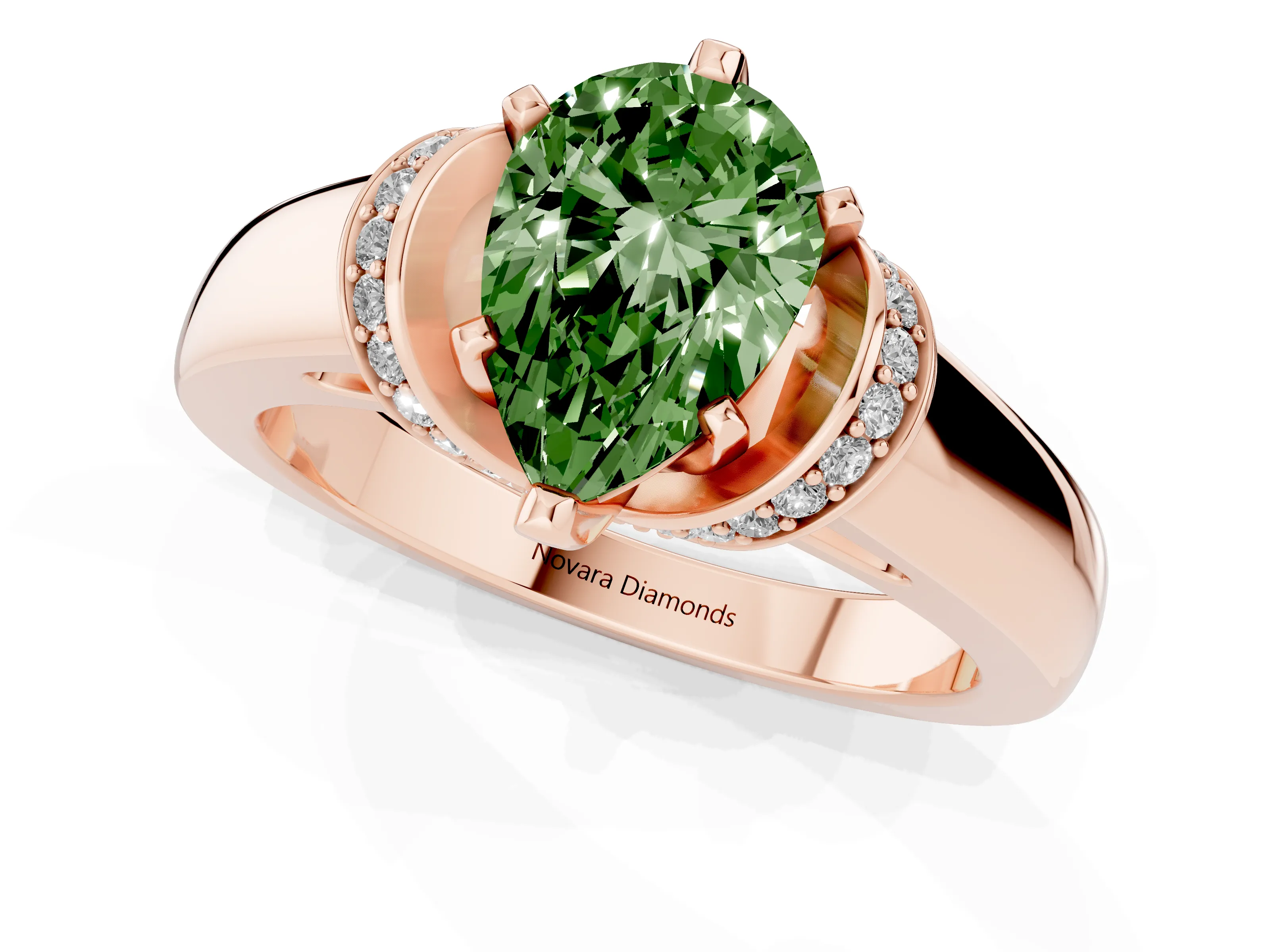 Fancy Green Pear Cut Diamond Pavé Band Solitaire Ring Set in Rose gold with Prong Setting