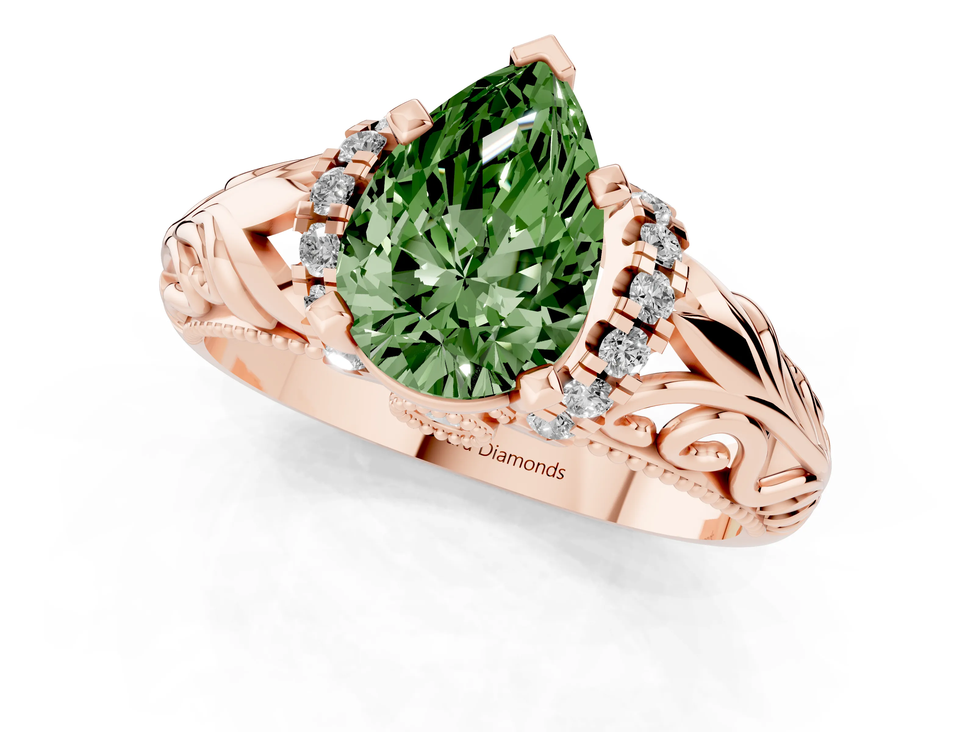 Fancy Green Pear Cut Diamond Filigree Halo Engagement Ring Set in Rose gold with Prong Setting