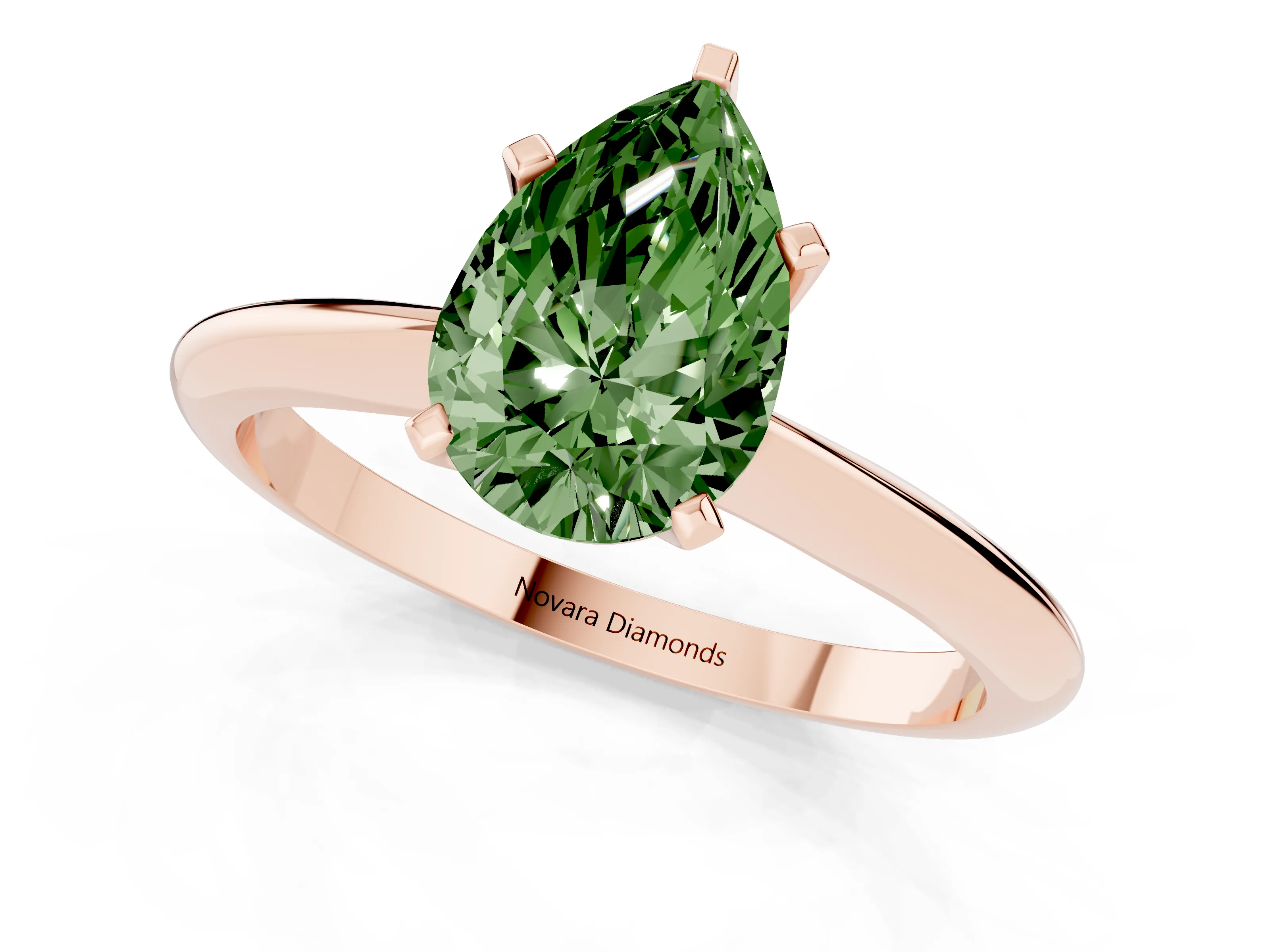 Fancy Green Pear Cut Diamond Solitaire Ring Set in Rose gold with Prong Setting on a Plain Round Band