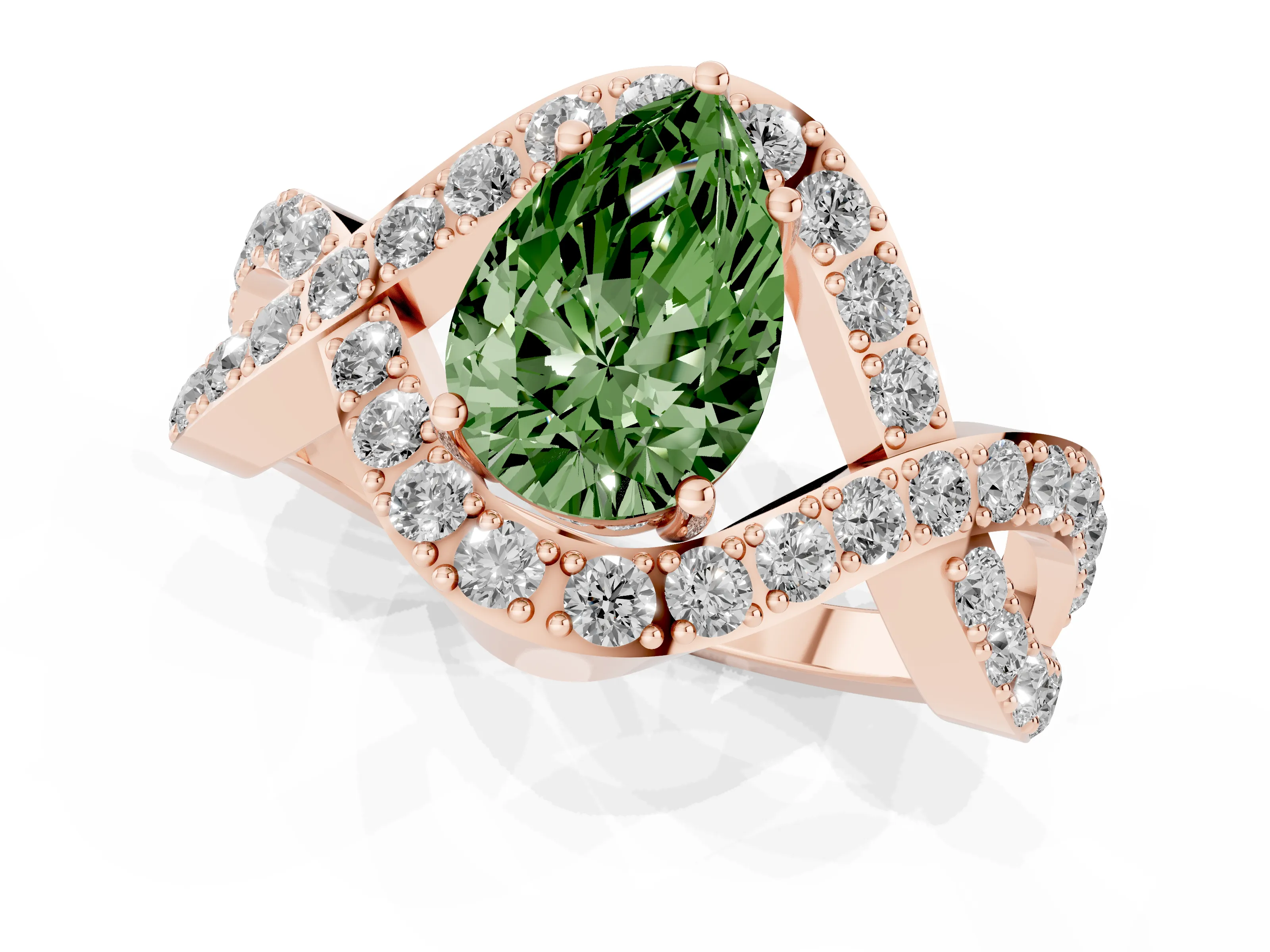 Fancy Green Pear Cut Diamond Solitaire Twist Band Pavé Engagement Ring Set in Rose gold
