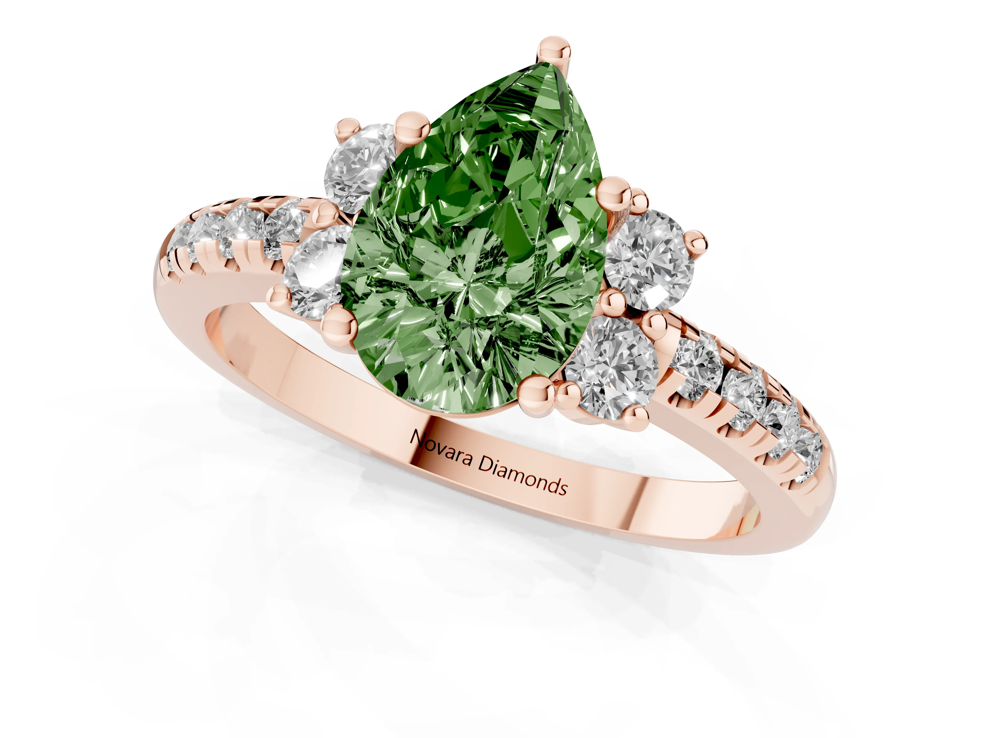 Fancy Green Pear Cut Diamond Three-Stone Pavé Ring Set in Rose gold with Prong Setting