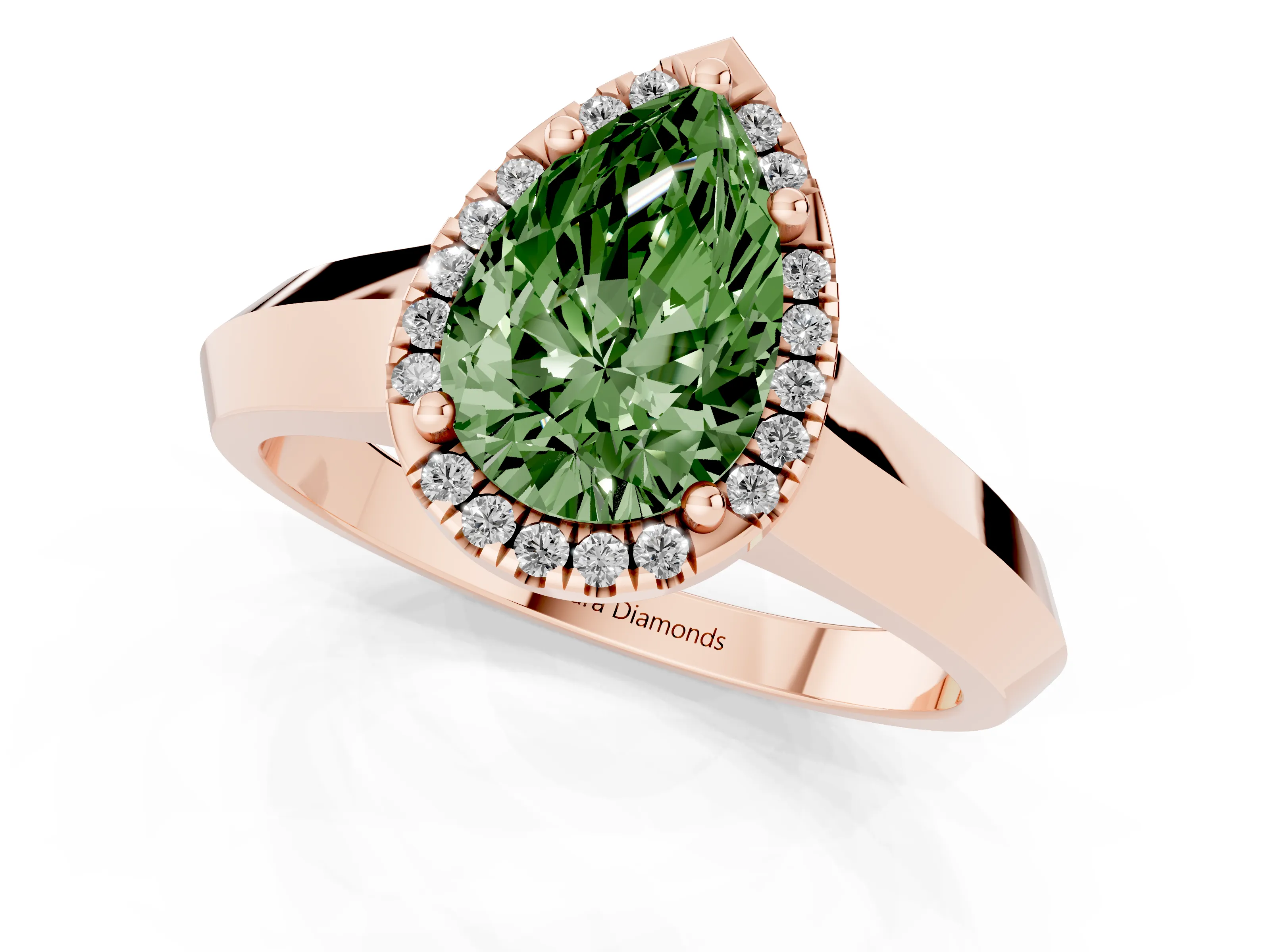 Fancy Green Pear Cut Diamond Halo Ring Set in Rose gold with Cathedral Band and Prong Setting