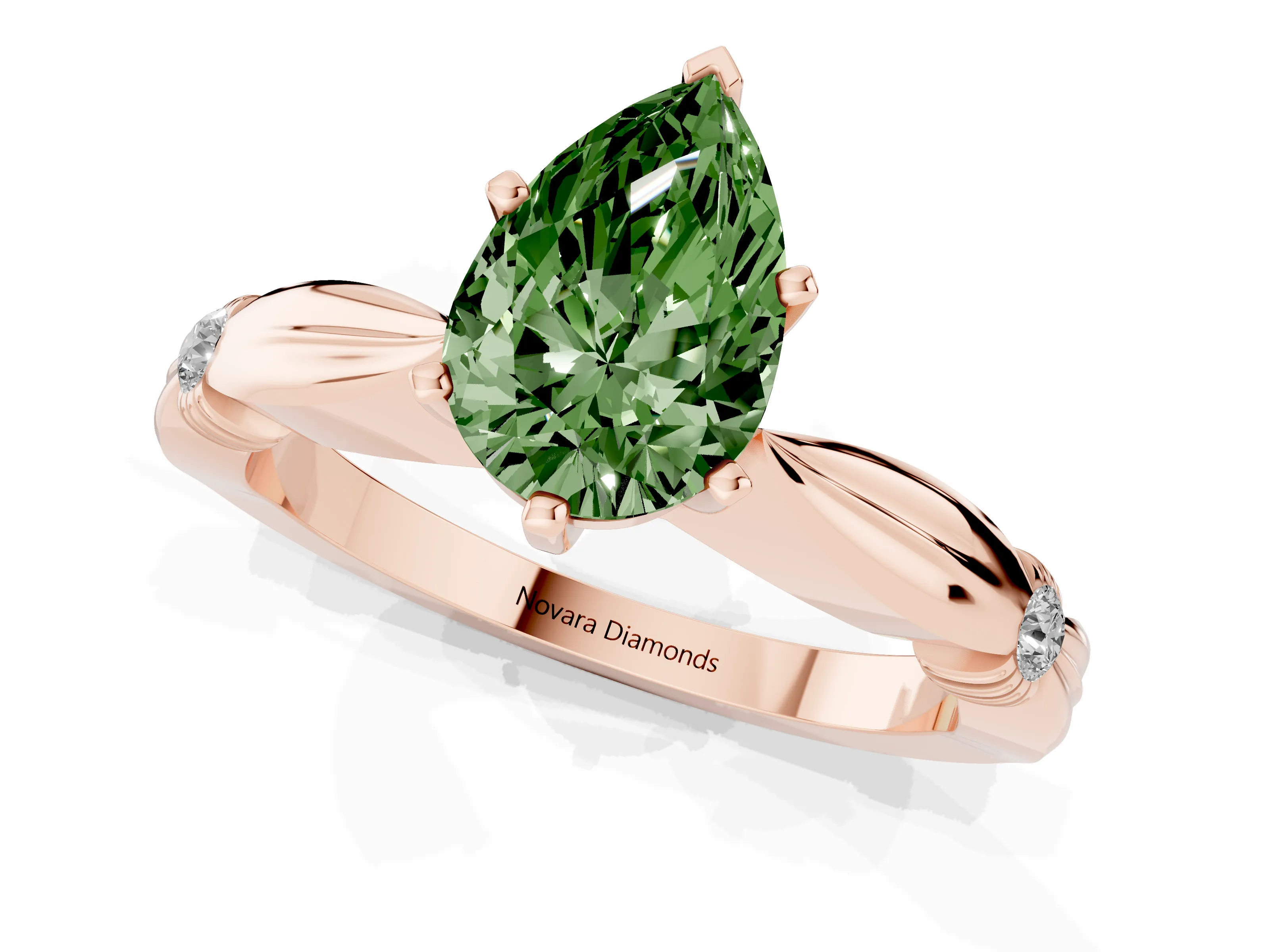 Fancy Green Pear Cut Diamond Solitaire Twisted Band Ring Set in Rose gold with Accent Stones and Prong Setting