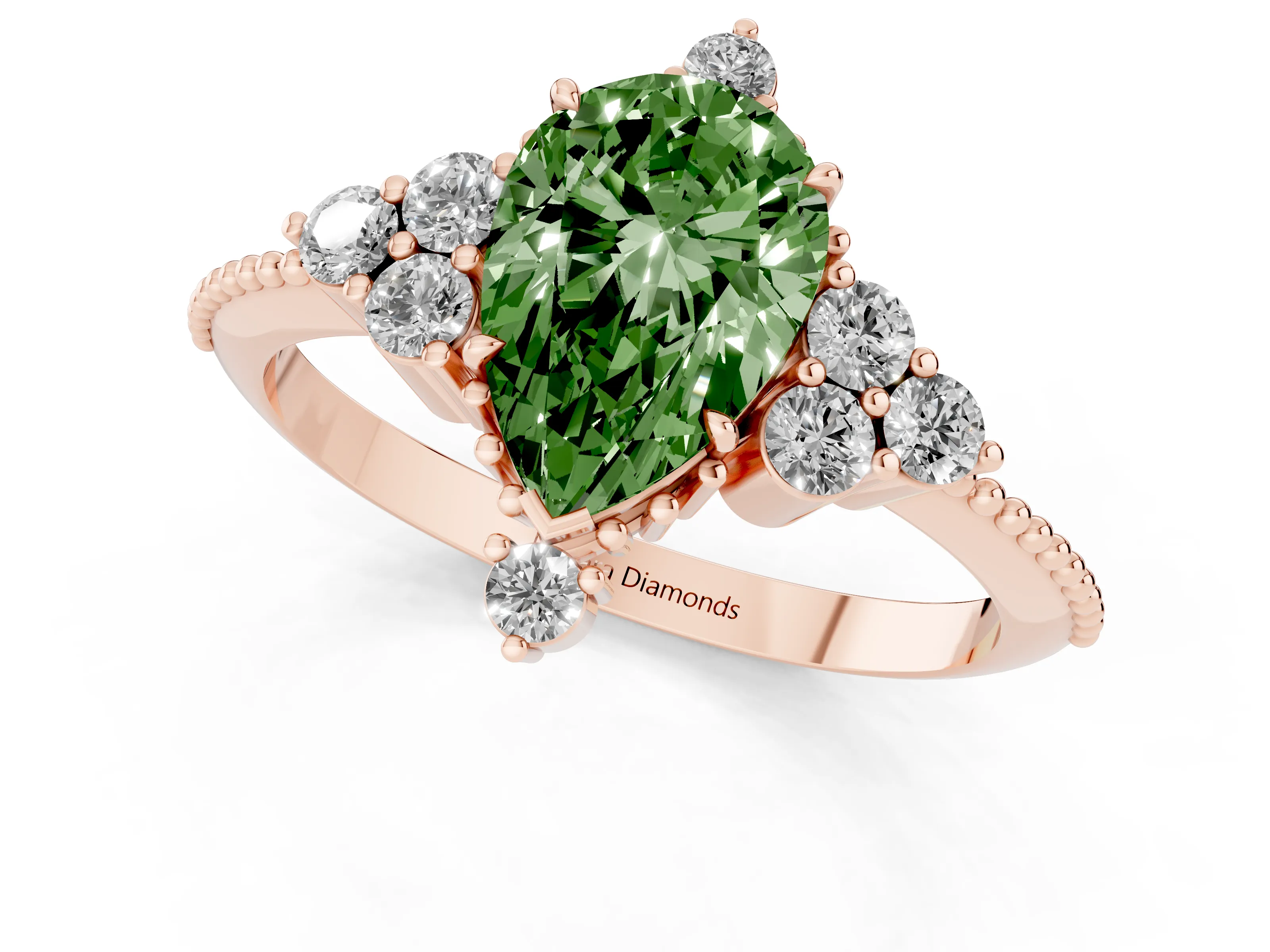 Fancy Green Pear Cut Diamond Cluster Ring Set in Rose gold with Beaded Band