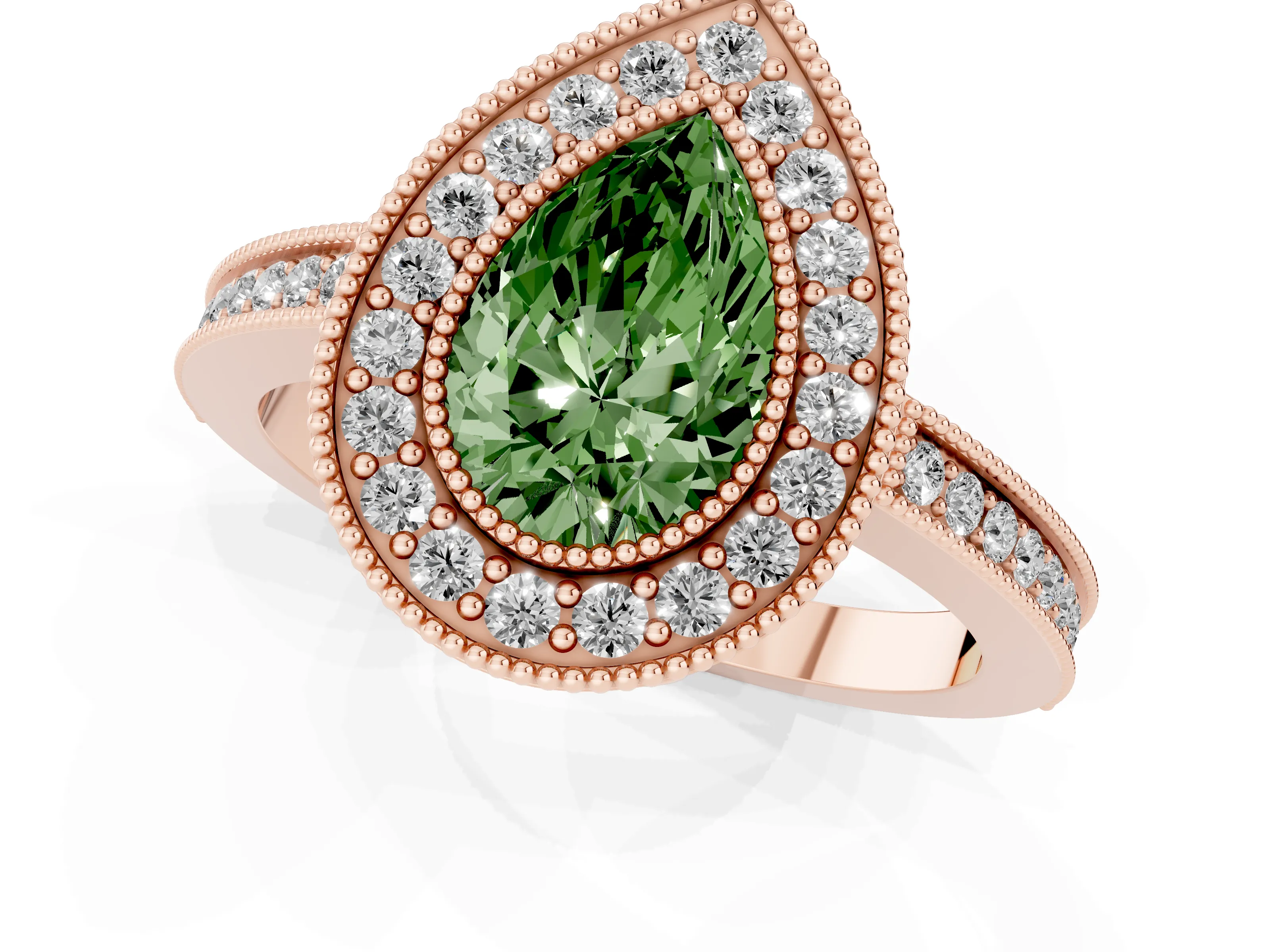 Fancy Green Pear Cut Diamond Halo Ring Set in Rose gold with Pavé Band and Milgrain-Edged Prongs