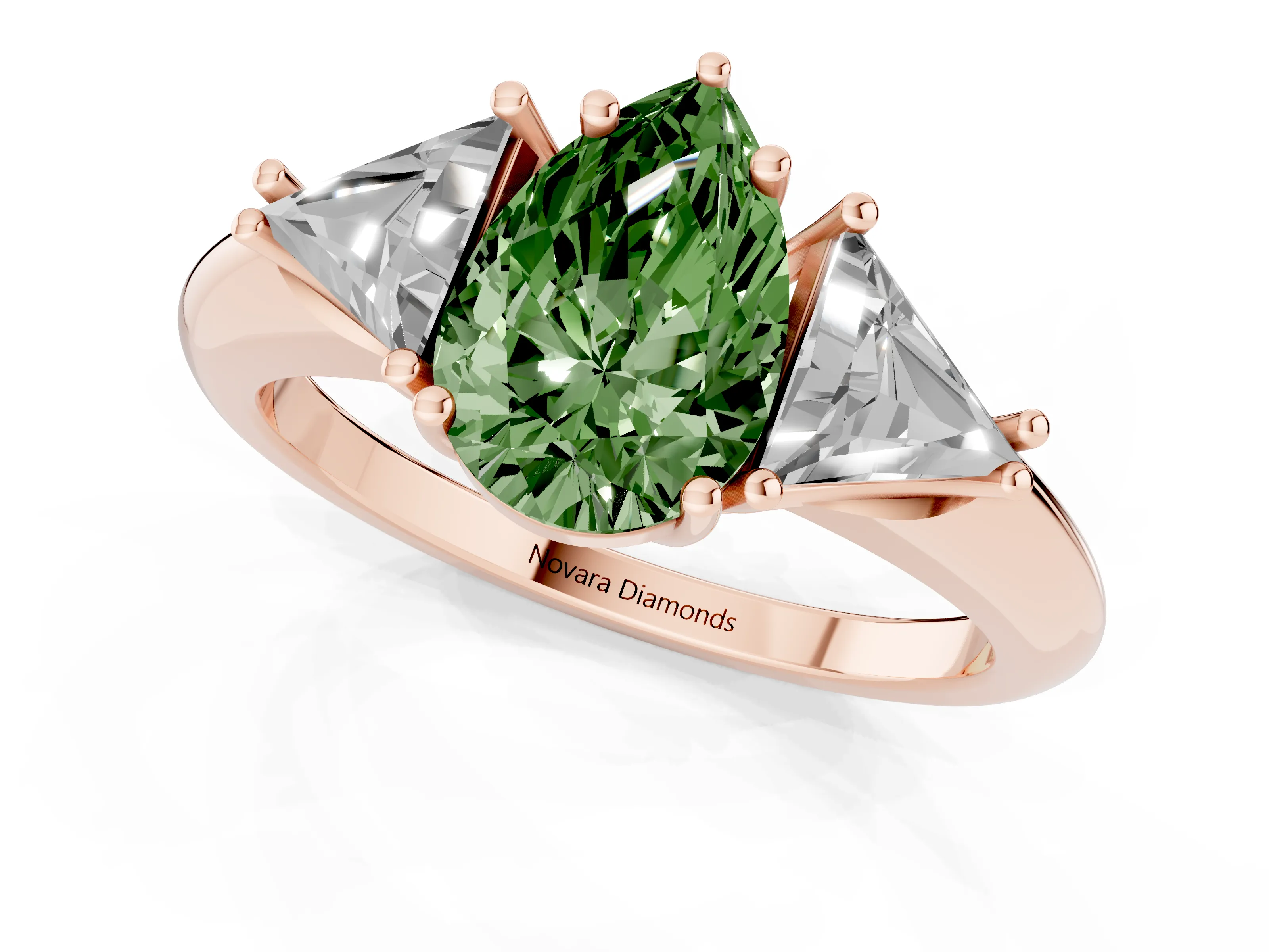 Fancy Green Pear Cut Diamond Three-Stone Engagement Ring Set in Rose gold with Trillion Side Stones