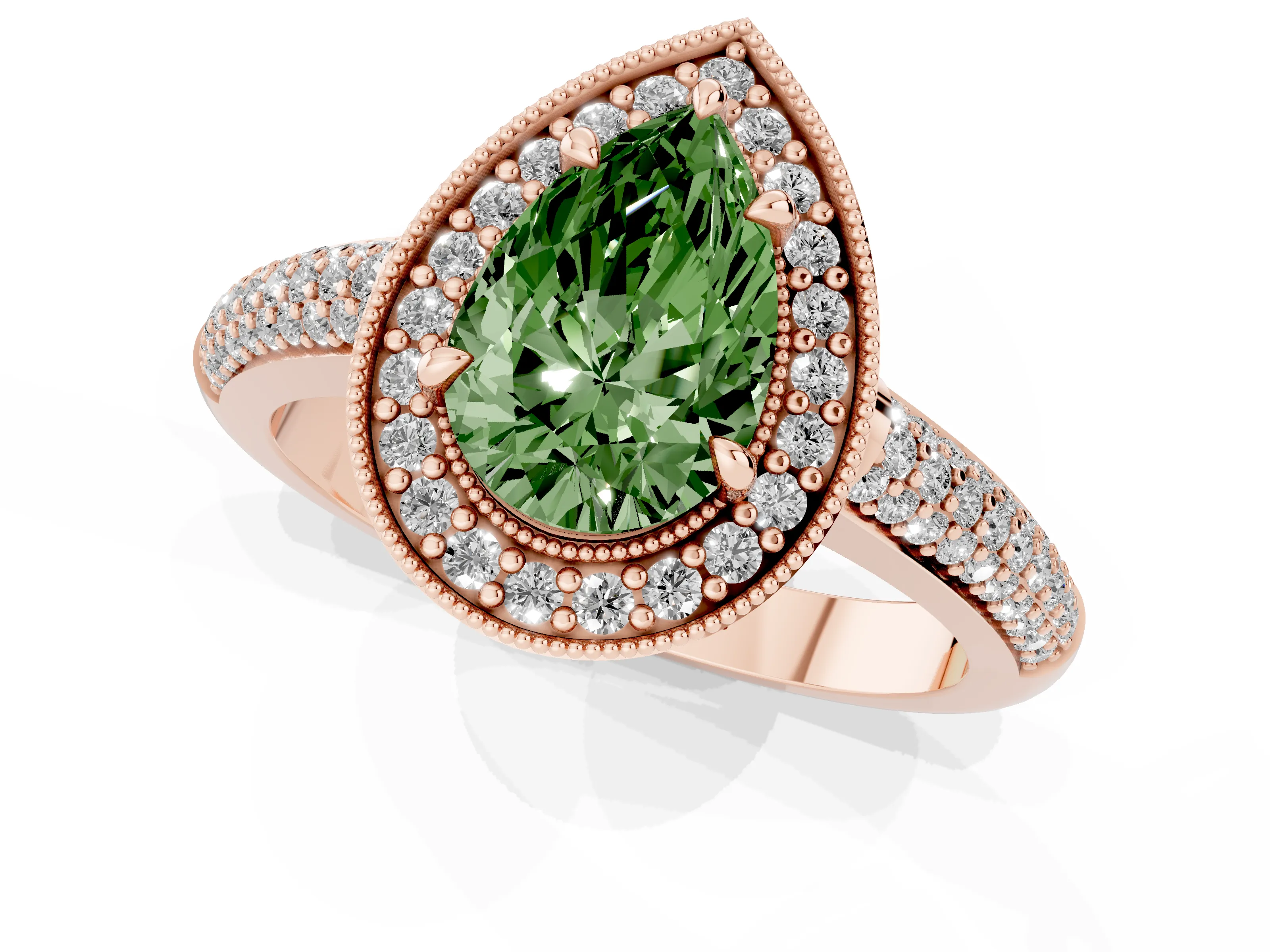 Fancy Green Pear Cut Diamond Halo Pavé Band Set in Rose gold with Prong Setting