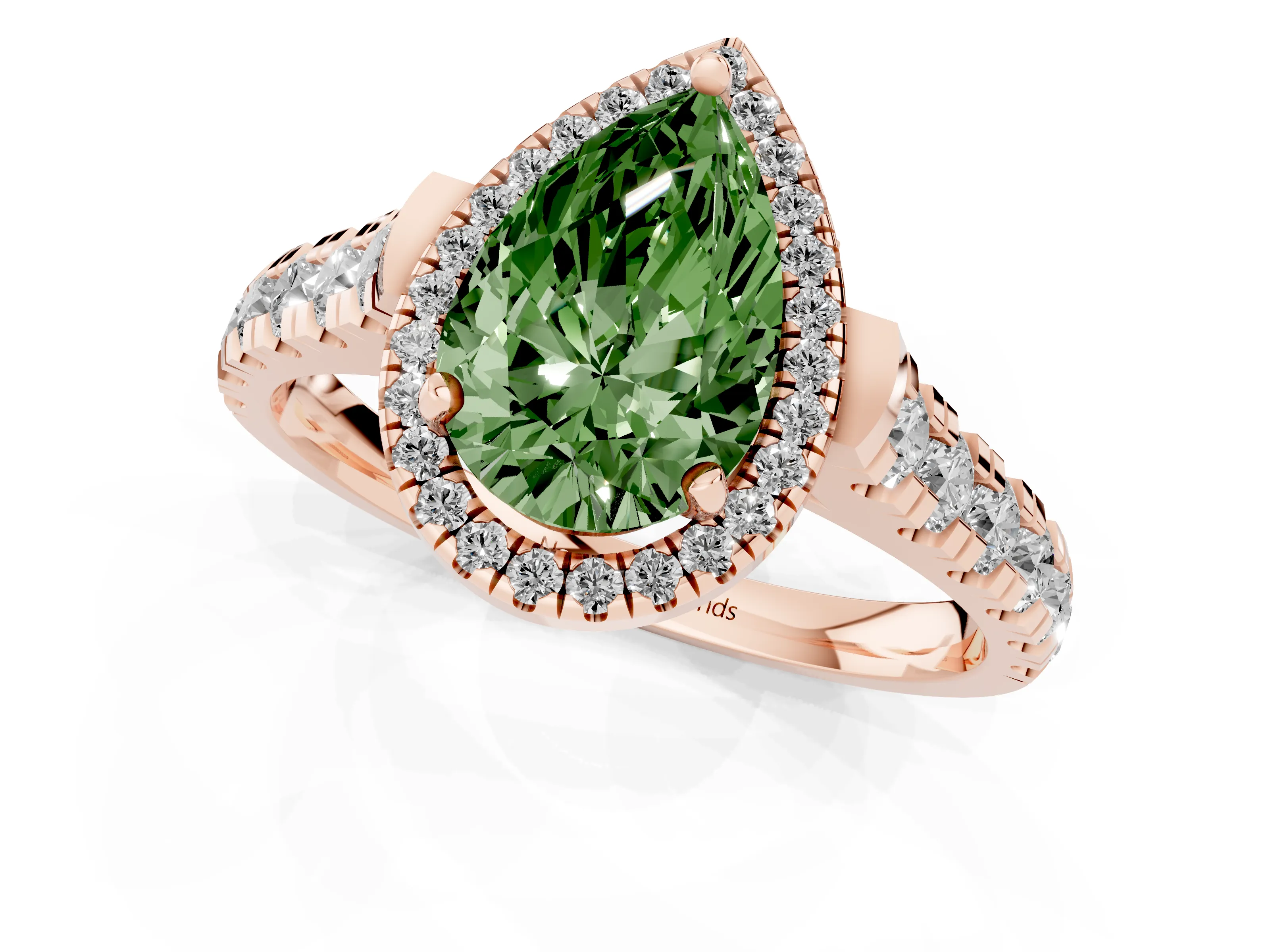 Fancy Green Pear Cut Diamond Halo Engagement Ring Set in Rose gold with Pavé Band and Prong-Set Center