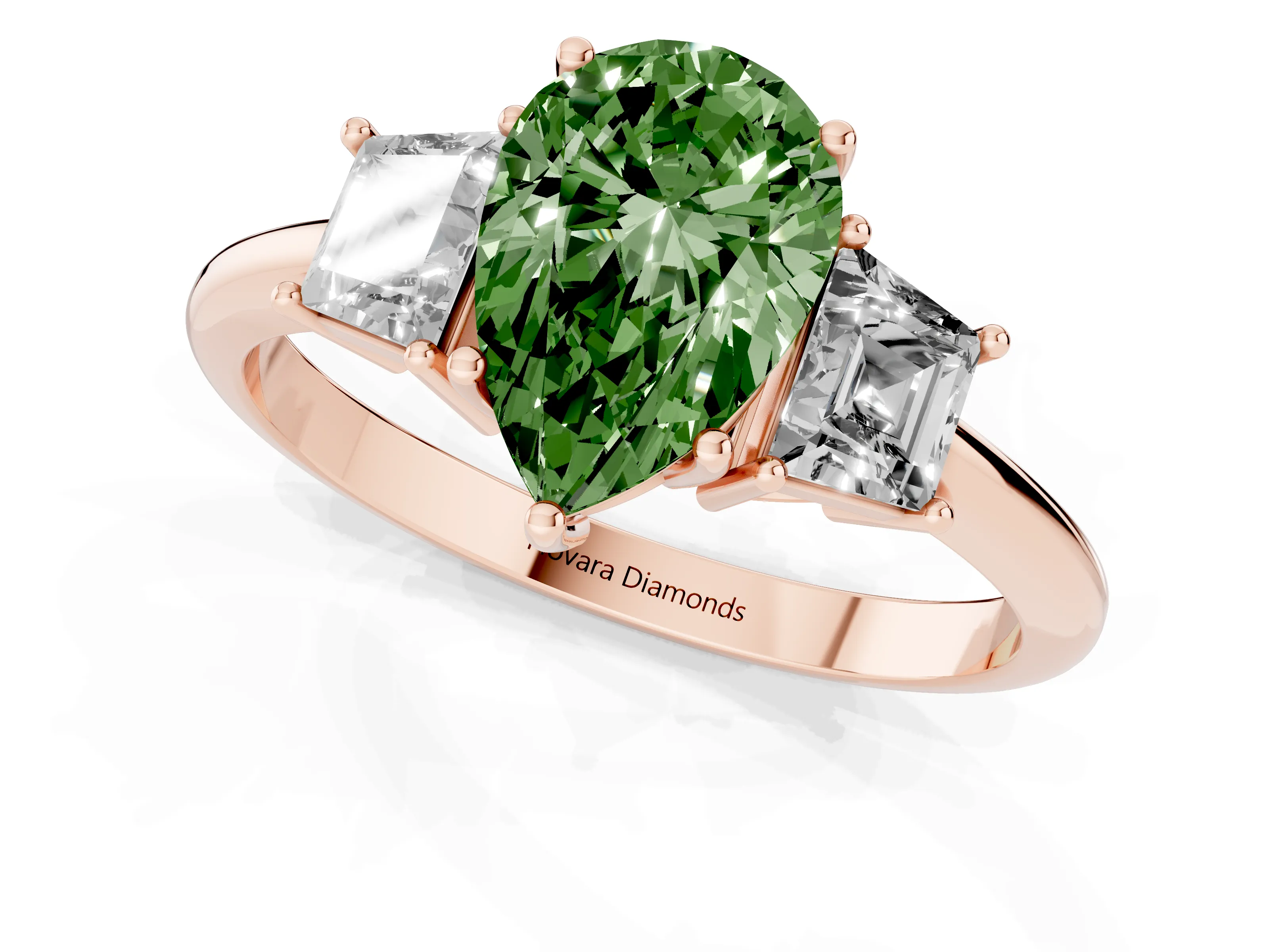 Fancy Green Pear Cut Diamond Three-Stone Ring Set in Rose gold with Trapezoid Side Stones and Prong Setting