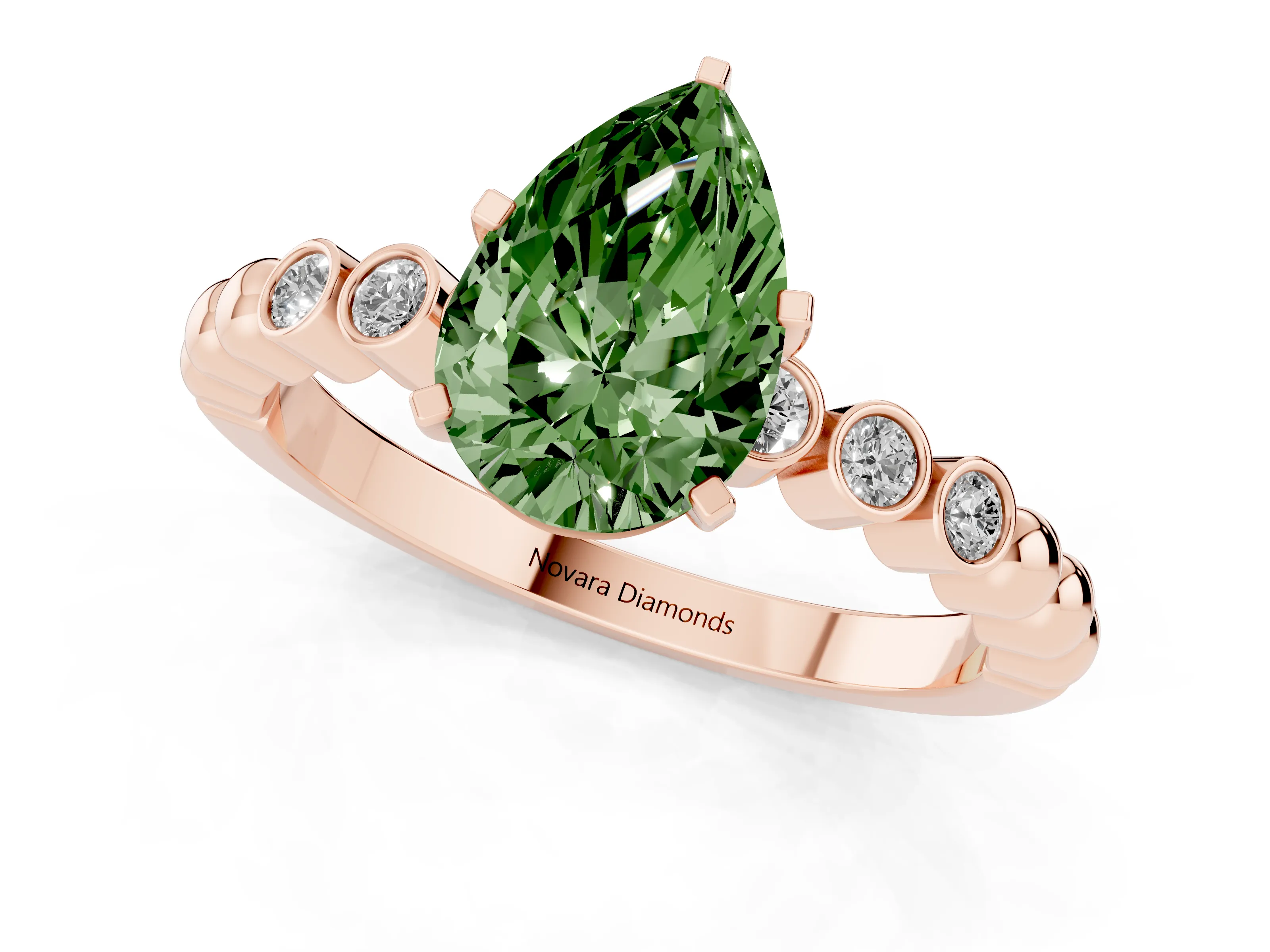 Fancy Green Pear Cut Diamond Solitaire Engagement Ring Set in Rose gold with Bezel Accents on Beaded Band – second view