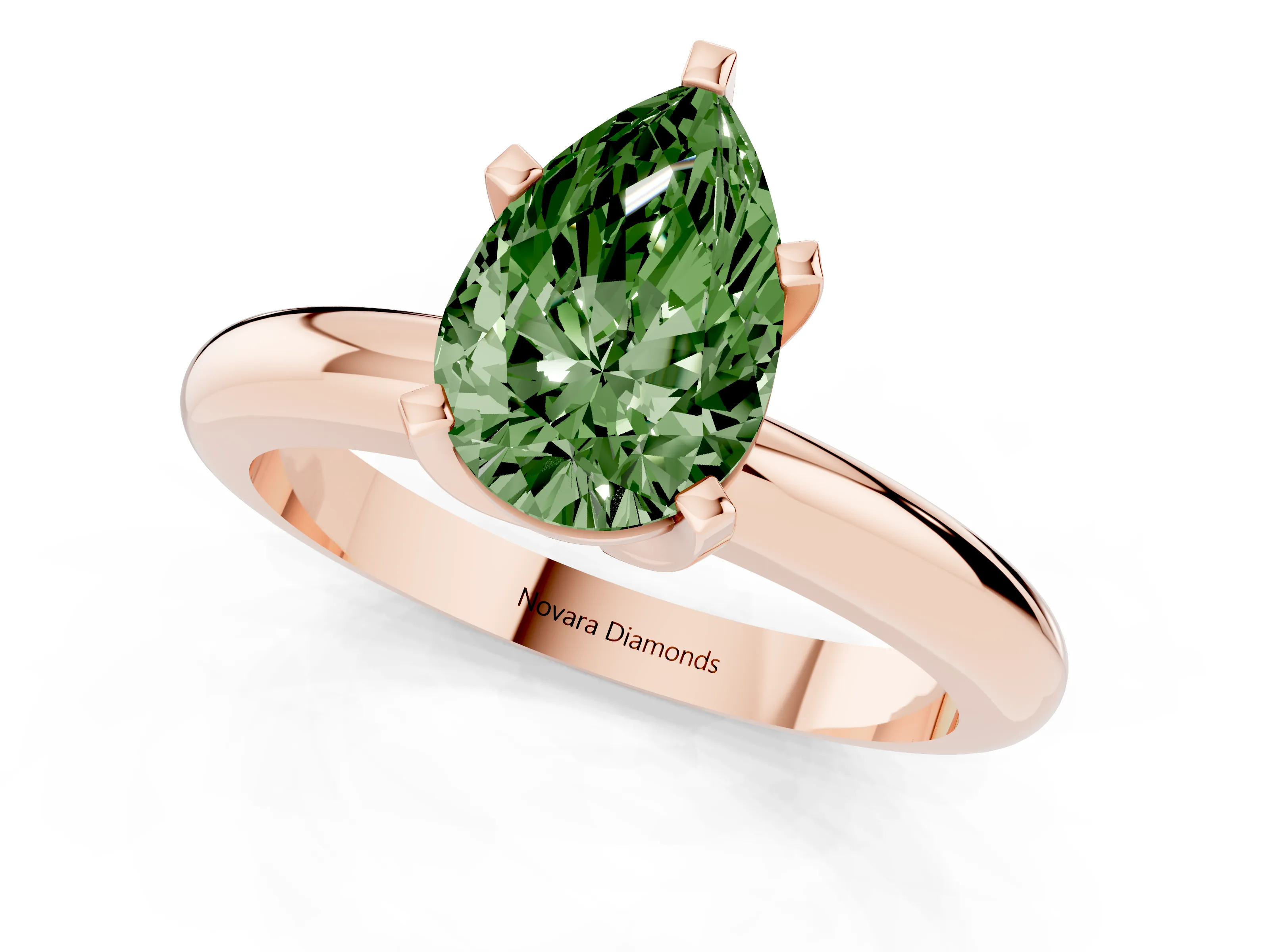 Fancy Green Pear Cut Diamond Solitaire Engagement Ring Set in Rose gold with Round Band and Prong Setting