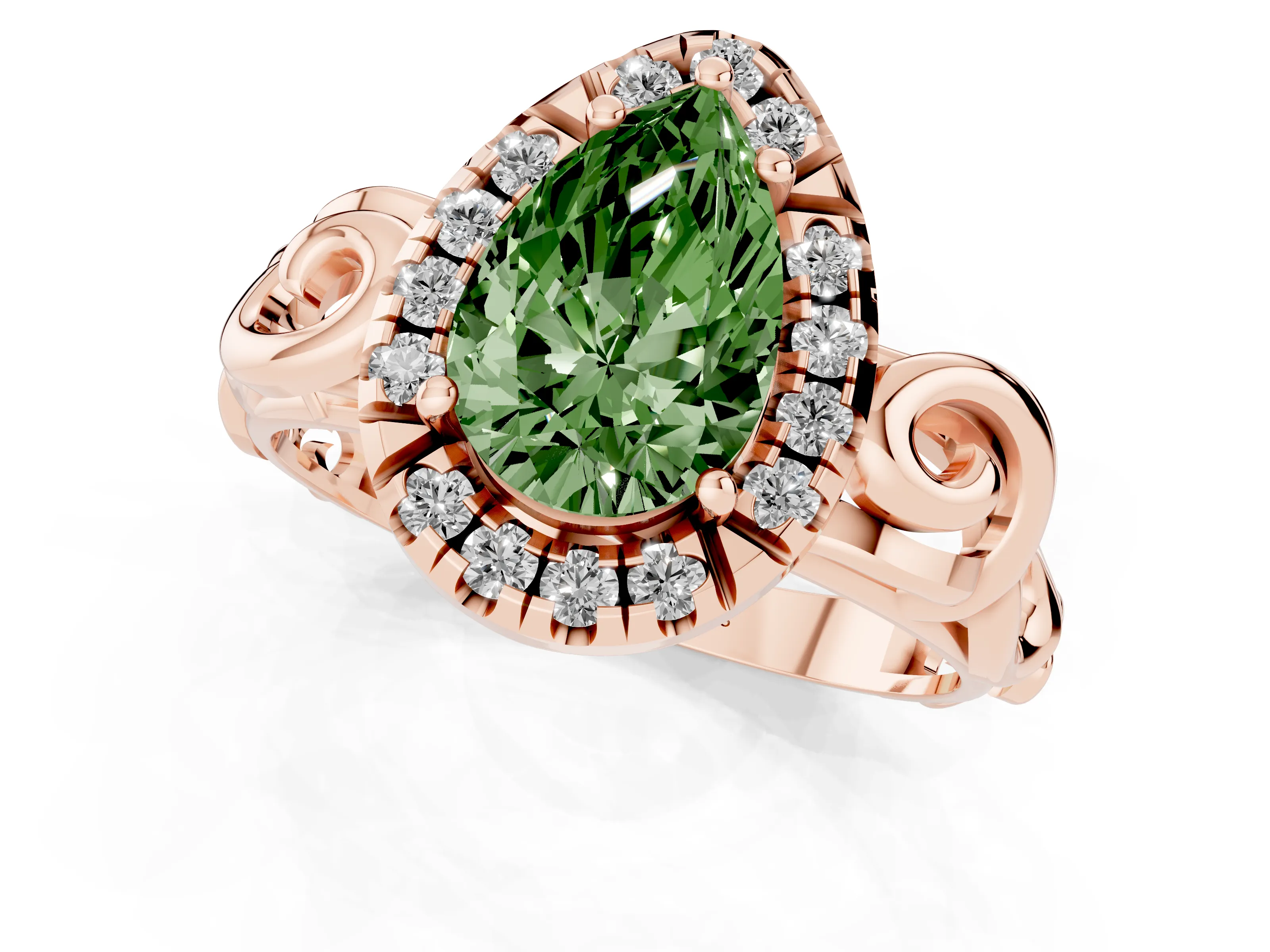 Fancy Green Pear Cut Diamond Halo Ring Set in Rose gold with Scrollwork Band and Prong Setting