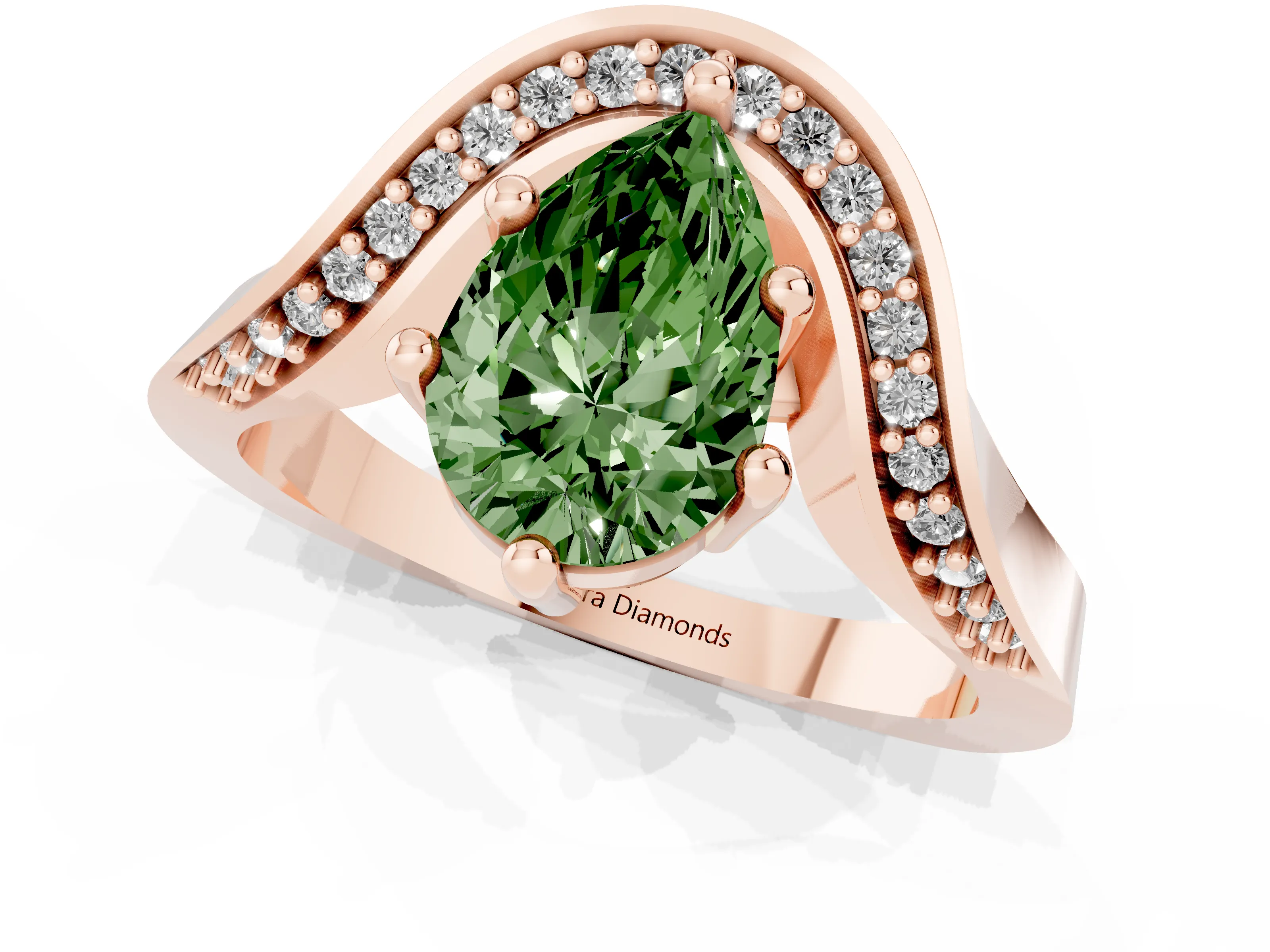 Fancy Green Pear Cut Diamond Solitaire Engagement Ring Set in Rose gold with Pavé Shoulders