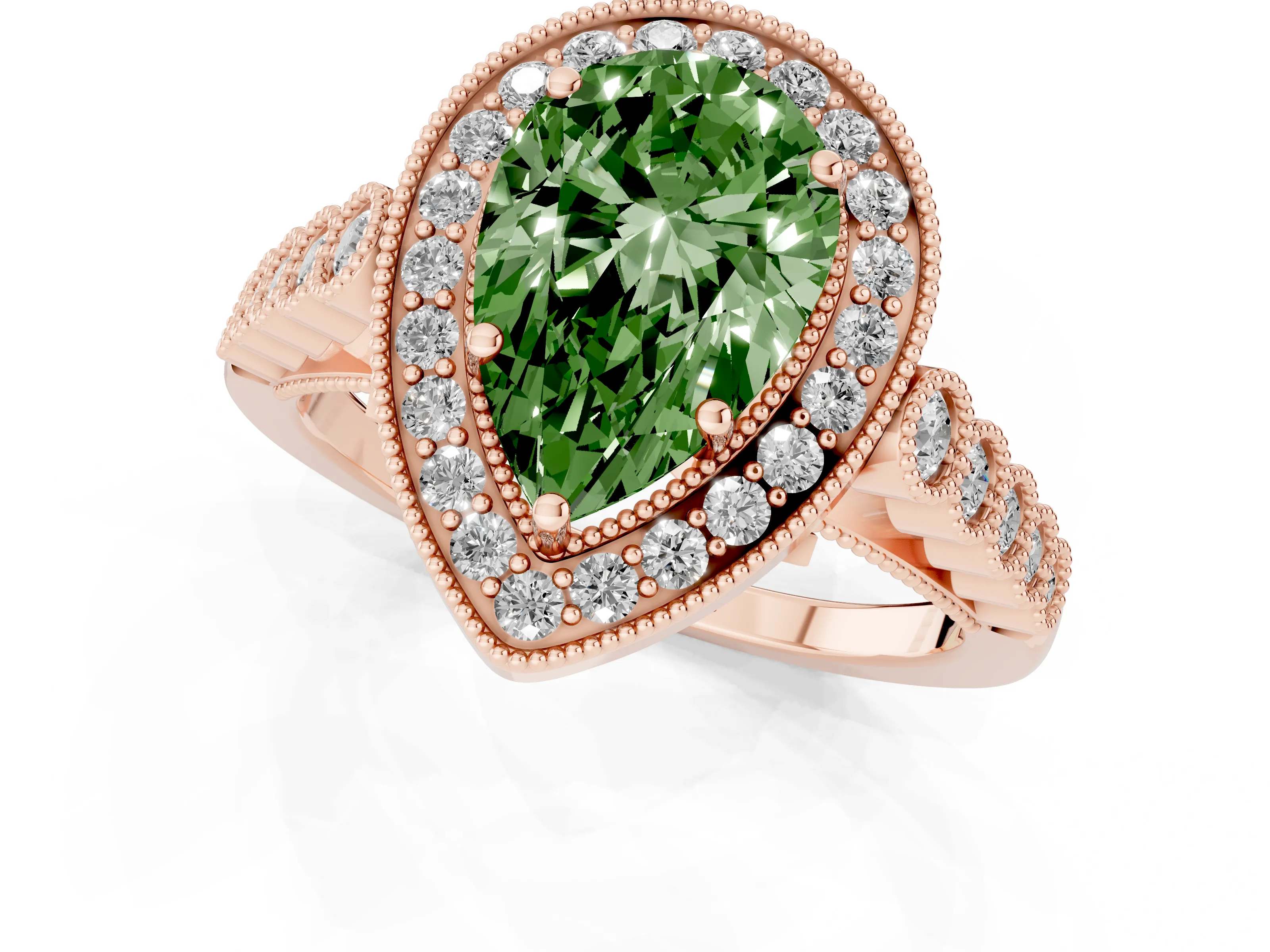 Fancy Green Pear Cut Diamond Milgrain Halo Solitaire Ring Set in Rose gold with Bezel Set Side Stones and Pavé Band