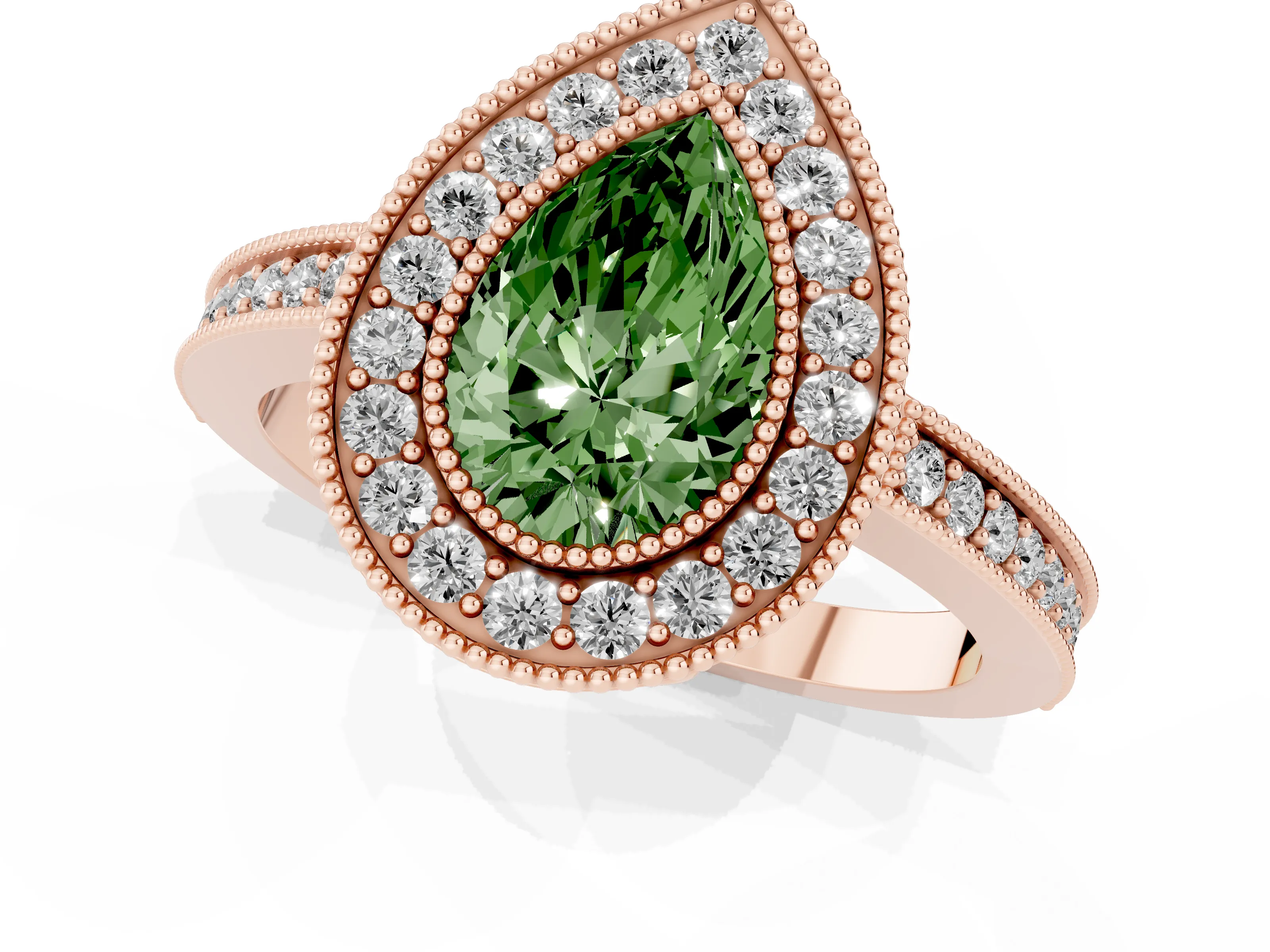 Fancy Green Pear Cut Diamond Round Halo Ring Set in Rose gold with Pavé Band