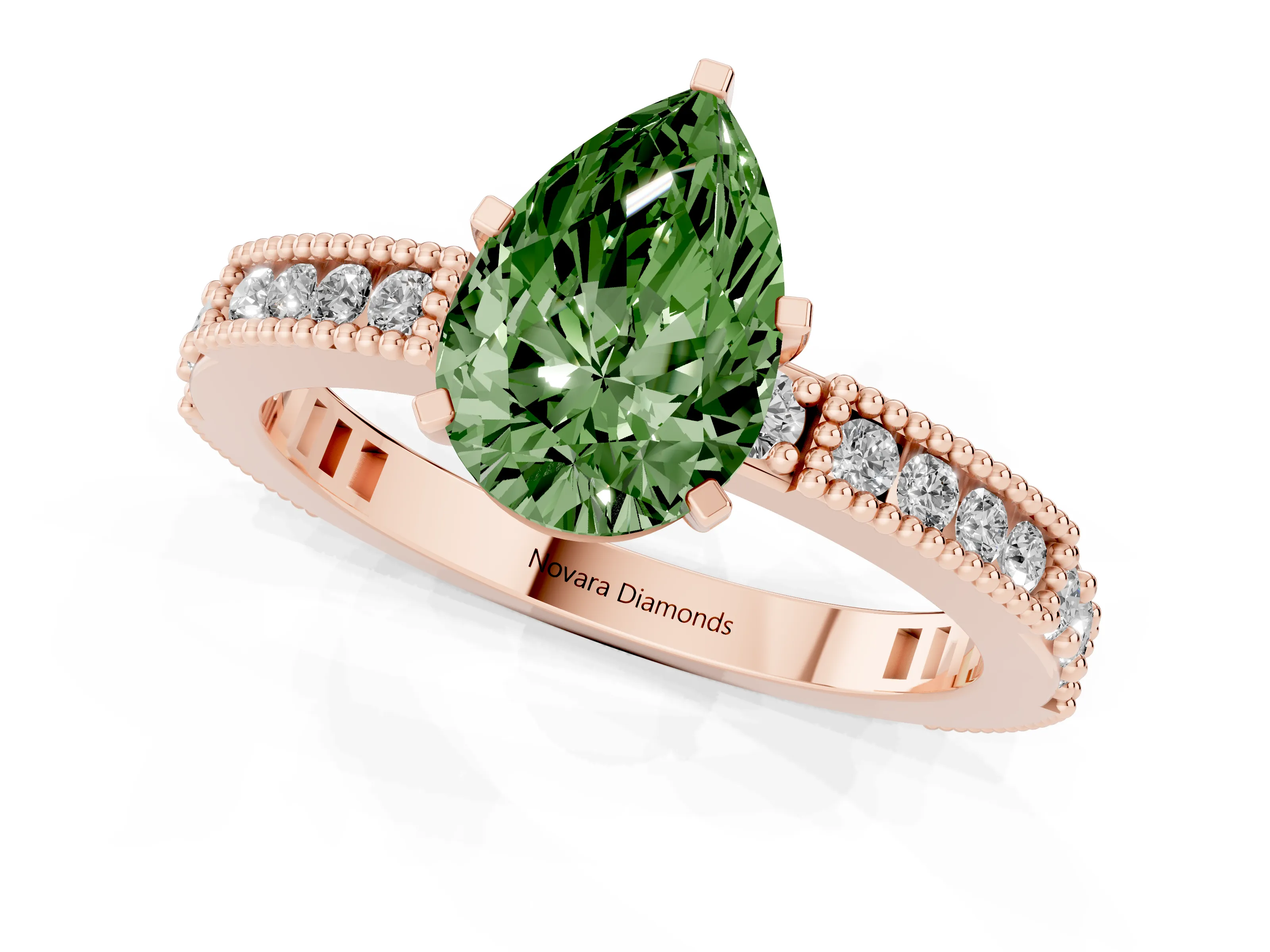 Fancy Green Pear Cut Diamond Solitaire Ring Set in Rose gold with Slim Pavé Band and Prong Setting