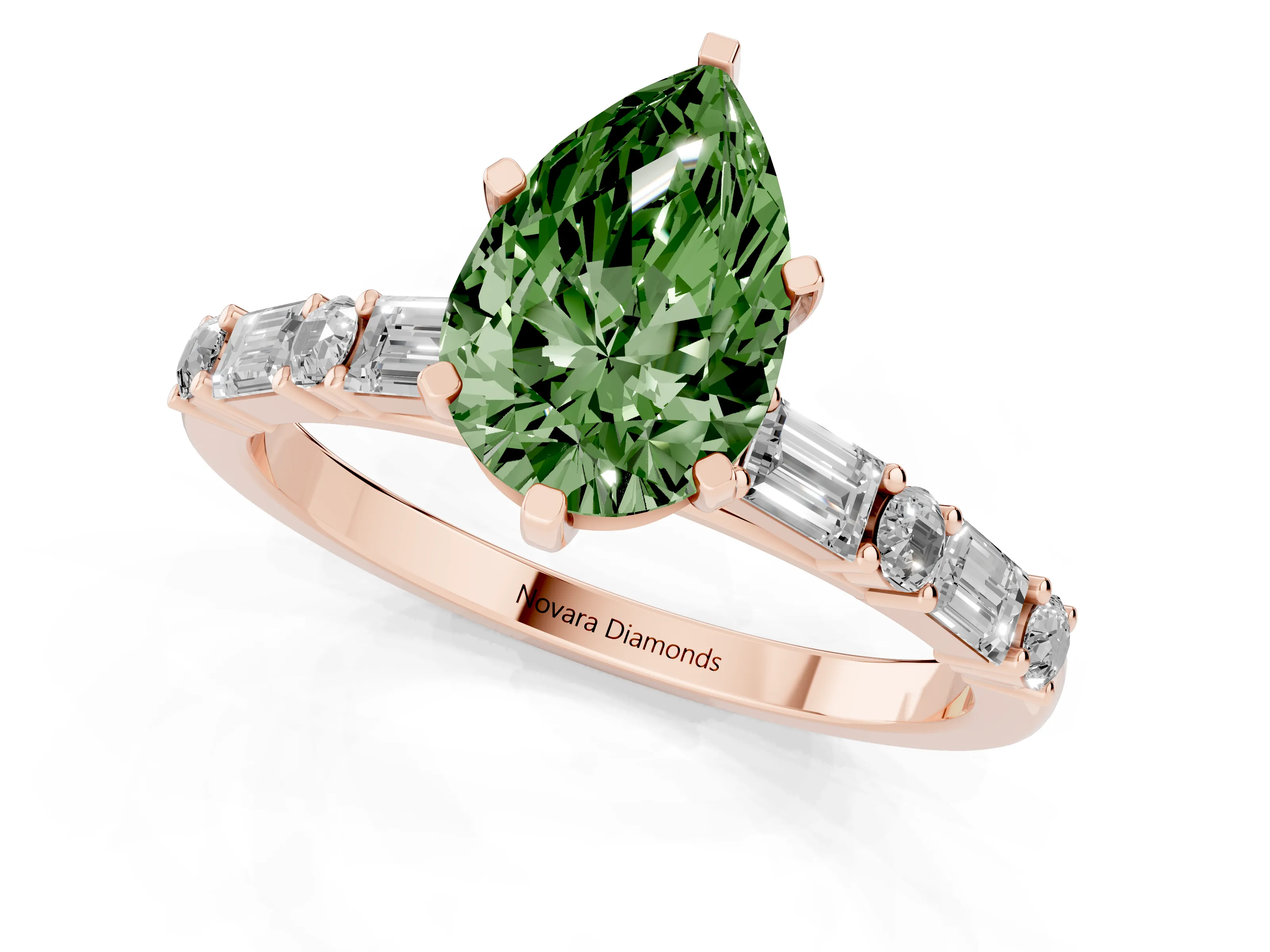 Fancy Green Pear Cut Diamond Solitaire Set in Rose gold with Side Baguettes and Channel Set Band