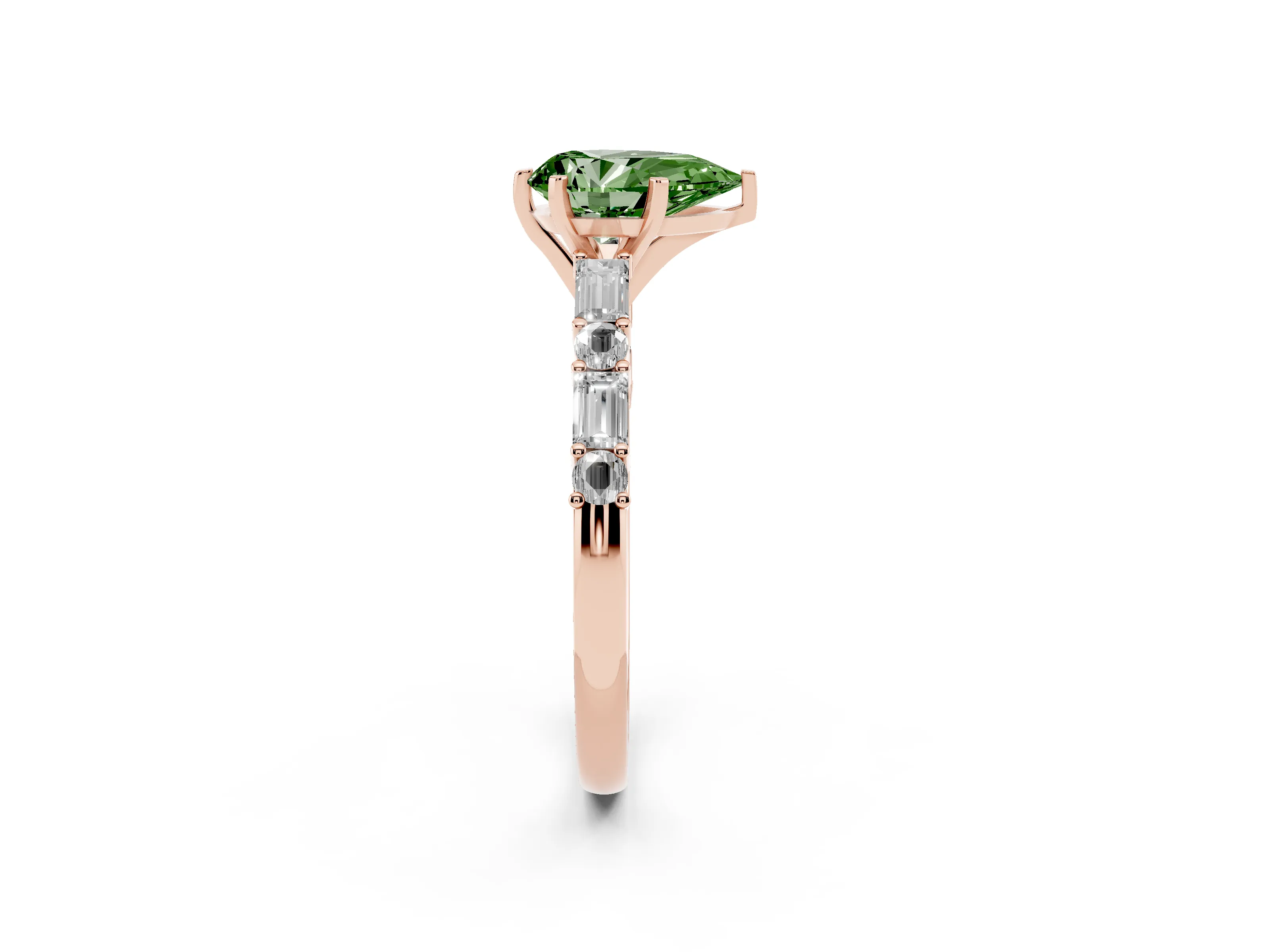 Fancy Green Pear Cut Diamond Solitaire Set in Rose gold with Side Baguettes and Channel Set Band