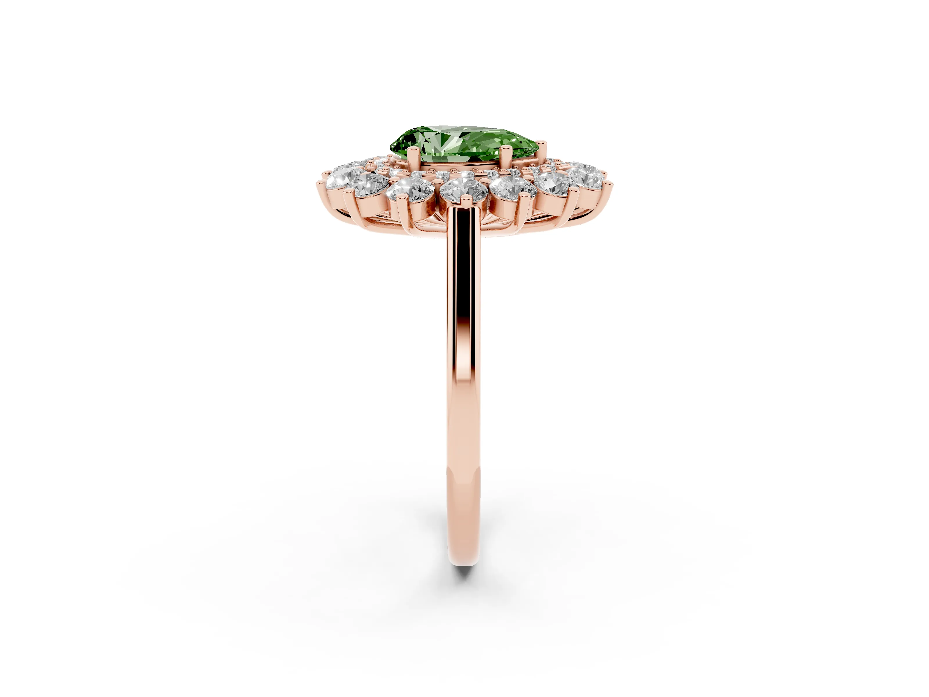 Fancy Green Pear Cut Diamond Floral Double Halo Ring Set in Rose gold with Round Petals