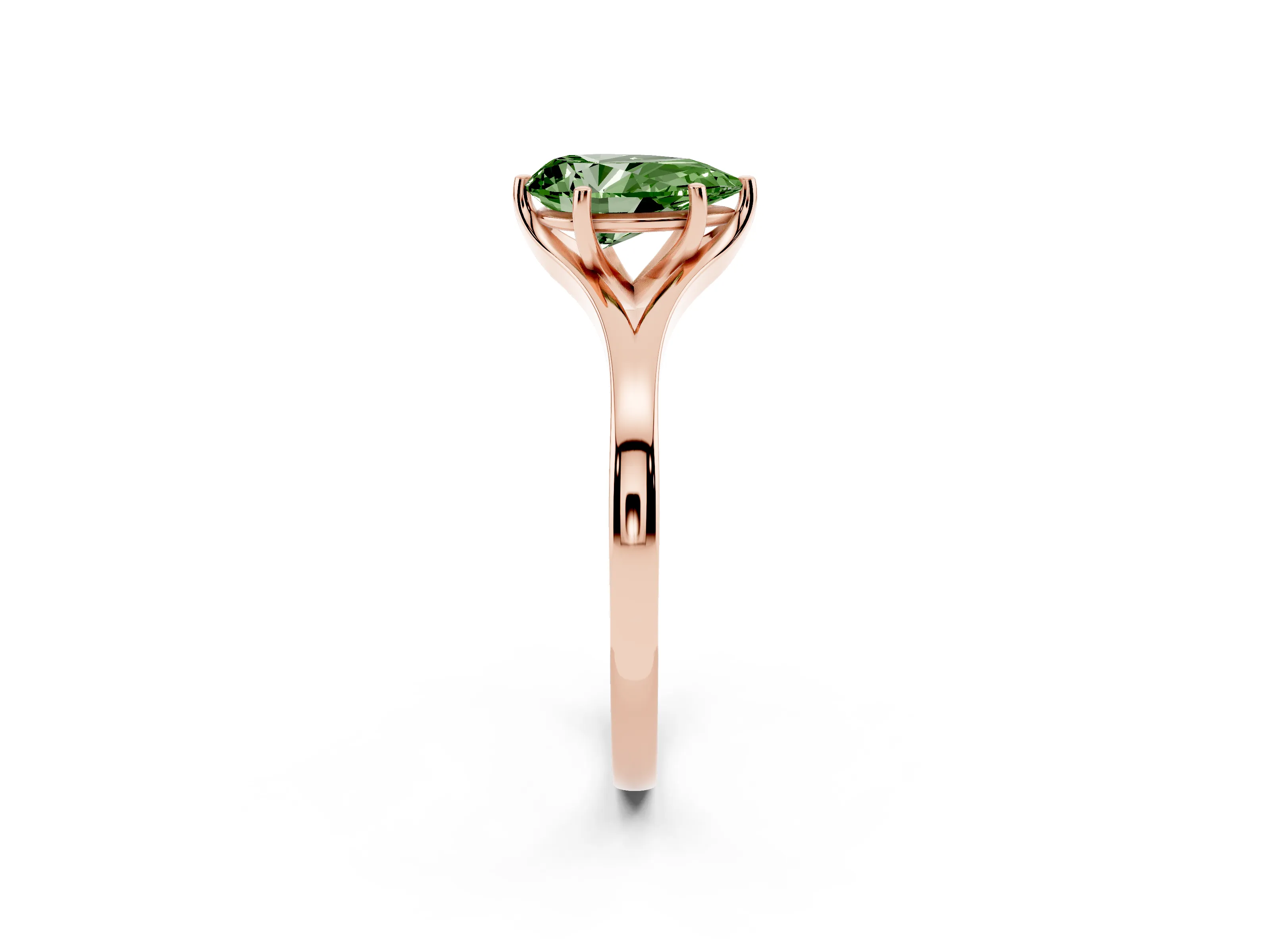 Fancy Green Pear Cut Diamond Solitaire Ring Set in Rose gold with Polished Tapered Band and Prong Setting