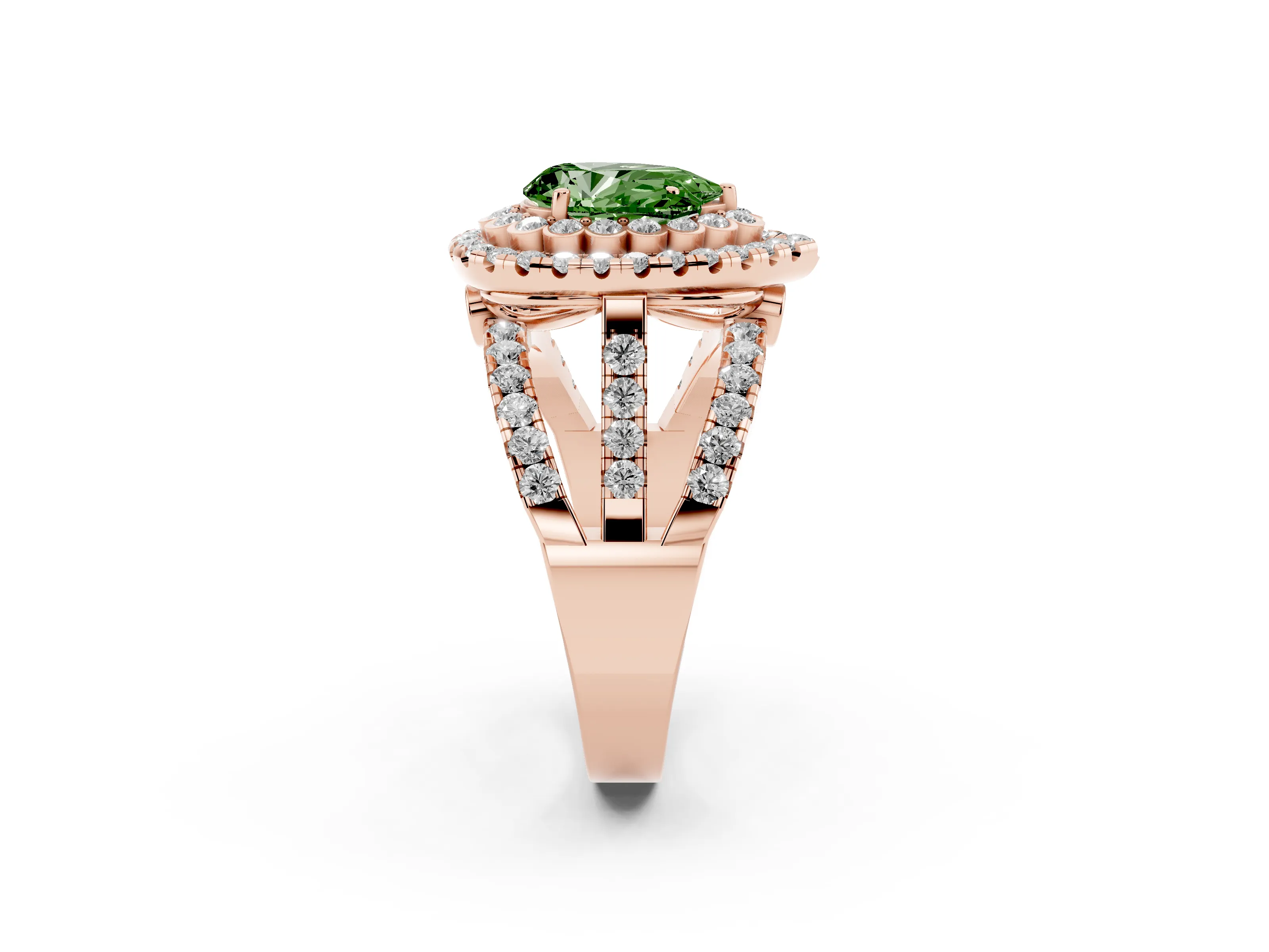 Fancy Green Pear Cut Diamond Double Halo Ring Set in Rose gold with Round Pavé Split Shank