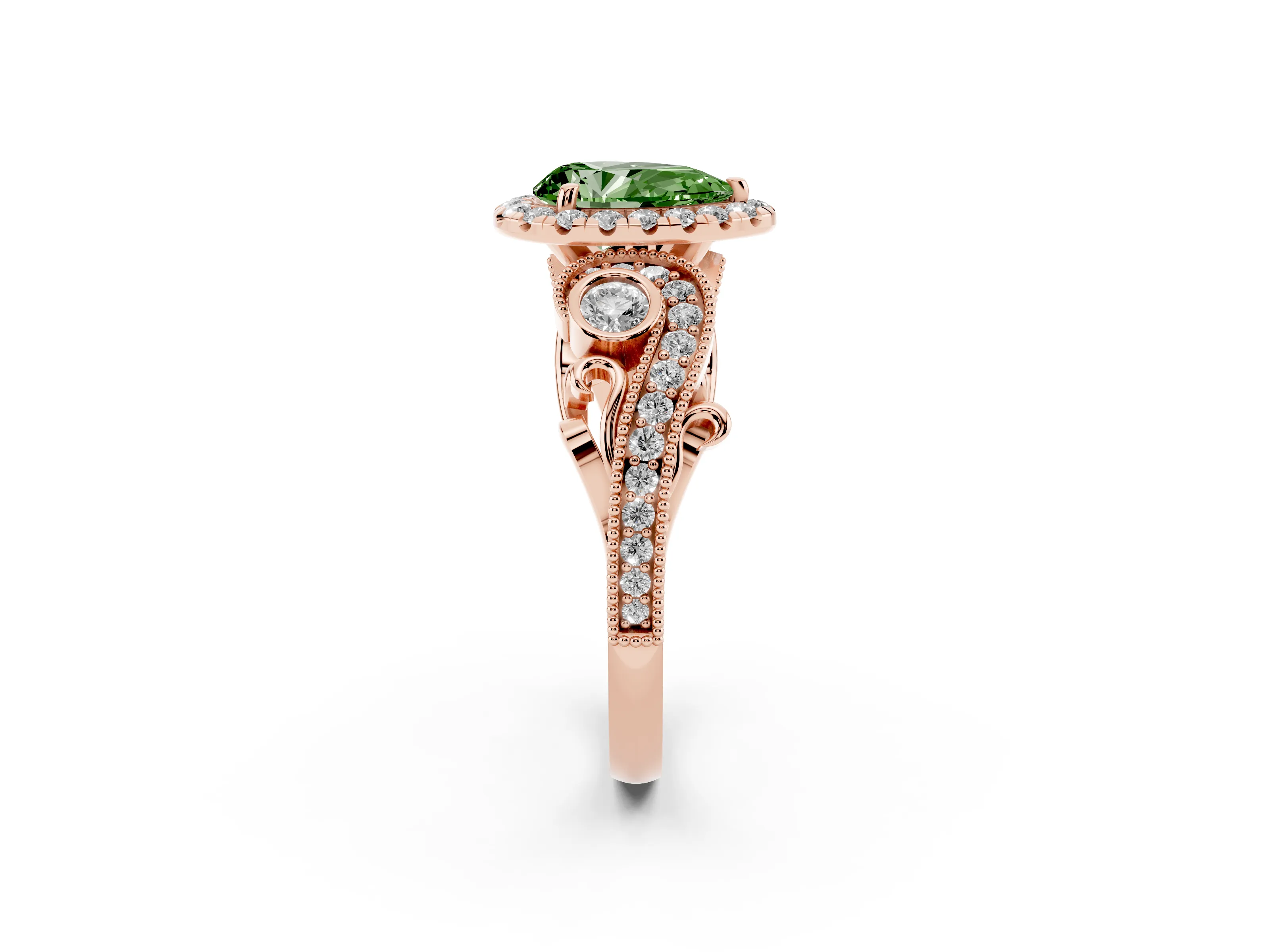 Fancy Green Pear Cut Diamond Halo Ring Set in Rose gold with Milgrain Pavé Band and Prong Setting