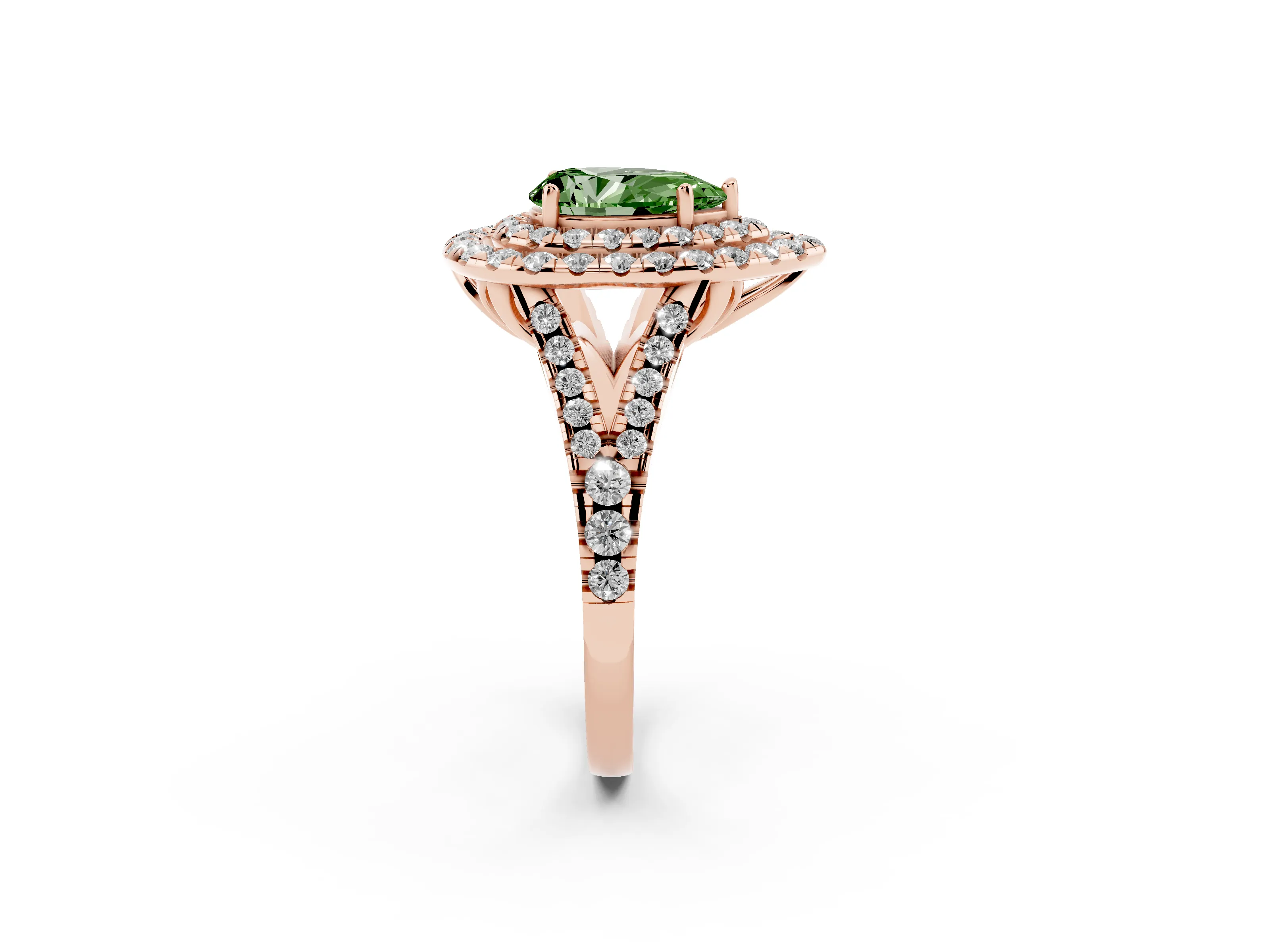 Fancy Green Pear Cut Diamond Double Halo Ring Set in Rose gold with Pavé Split Shank and Prong Setting