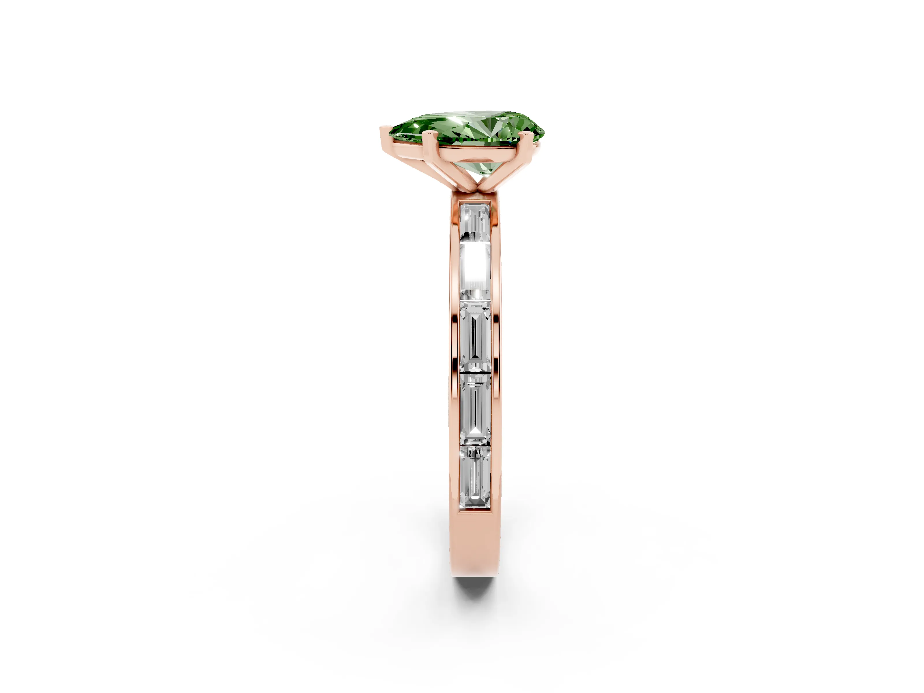 Fancy Green Pear Cut Diamond Solitaire Ring Set in Rose gold with Channel-Set Baguette Band and Prong Setting
