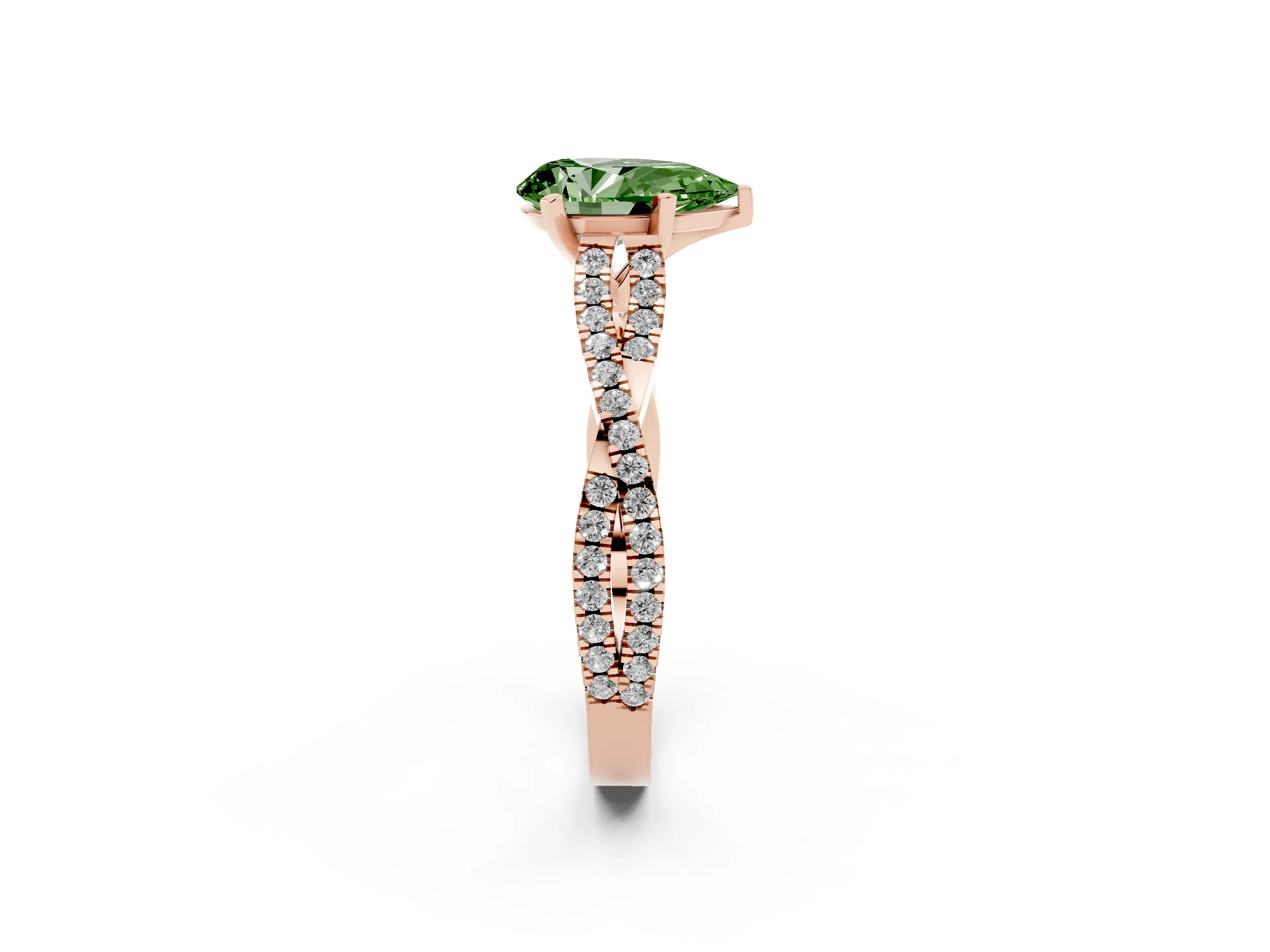 Fancy Green Pear Cut Diamond Solitaire Engagement Ring Set in Rose gold with Twisted Pavé Band and Prong Setting