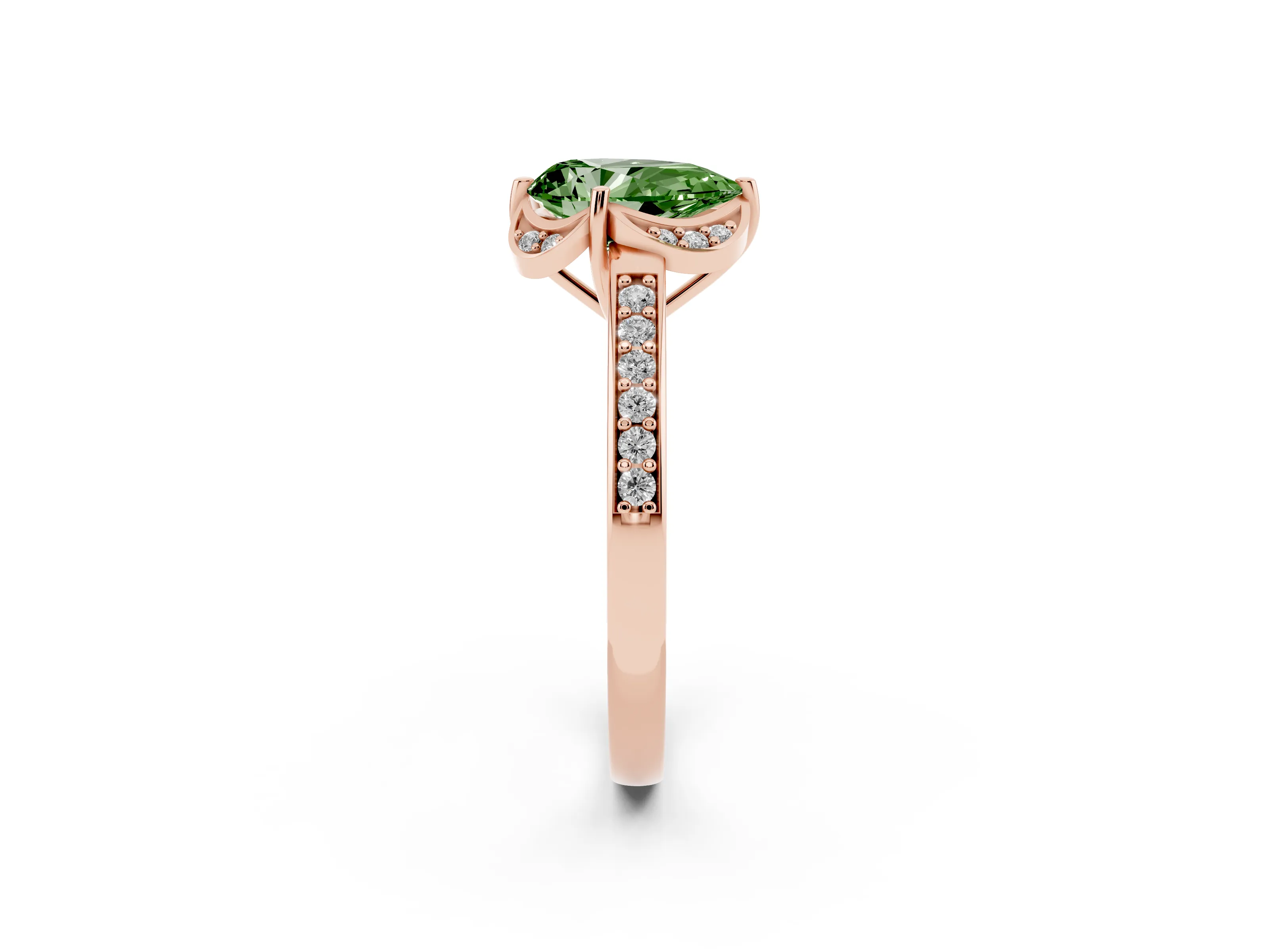 Fancy Green Pear Cut Diamond Halo Ring Set in Rose gold with Channel Set Band and Prong Setting