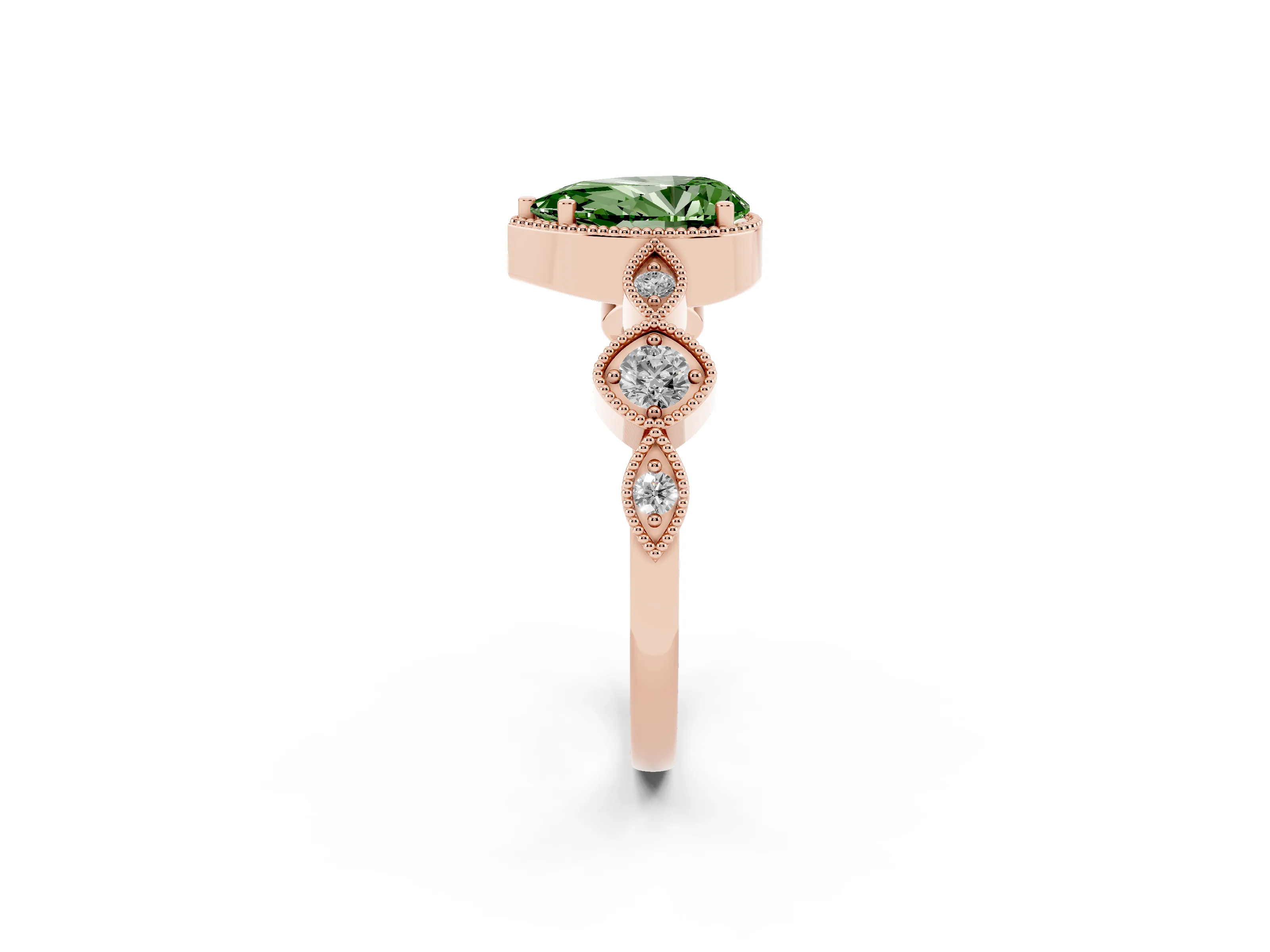 Fancy Green Pear Cut Diamond Vintage-Inspired Milgrain Ring Set in Rose gold with Marquise Stations of Round Accents