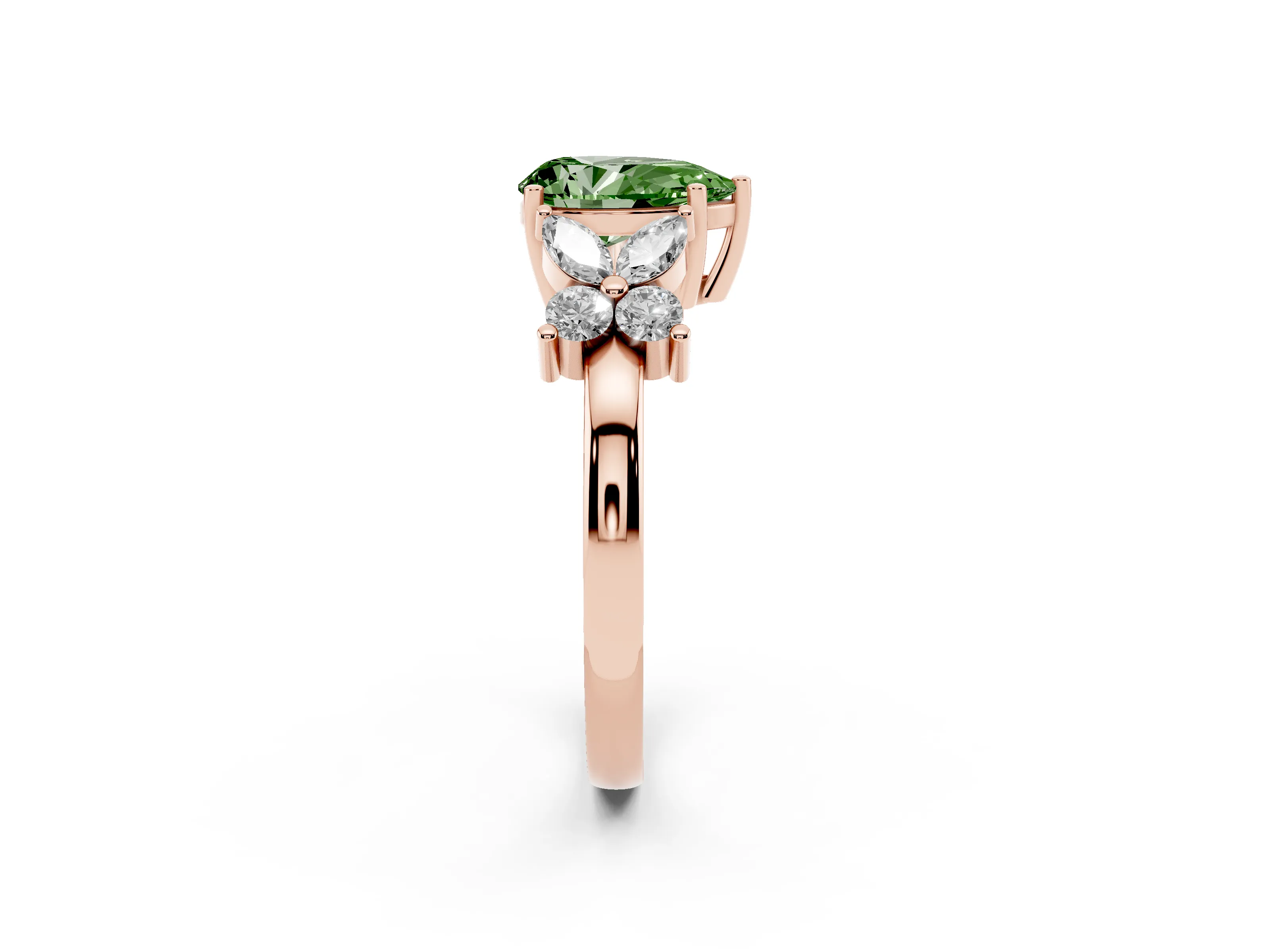 Fancy Green Pear Cut Diamond Floral Cluster Ring Set in Rose gold with Marquise Petals and Prong Setting