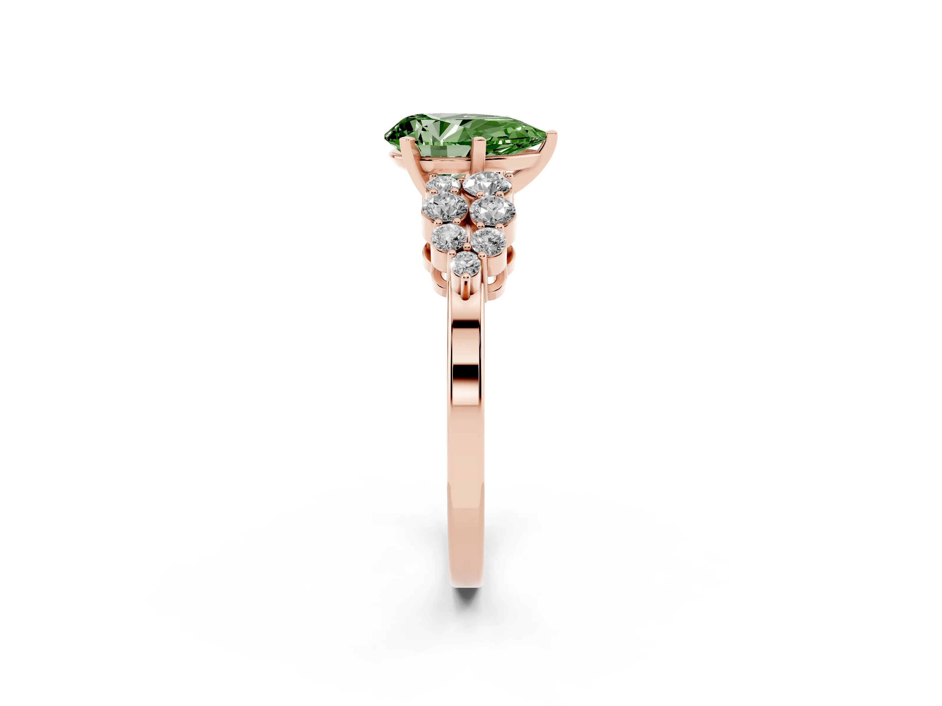 Fancy Green Pear Cut Diamond Cluster Engagement Ring Set in Rose gold with Pavé Band and Prong Setting