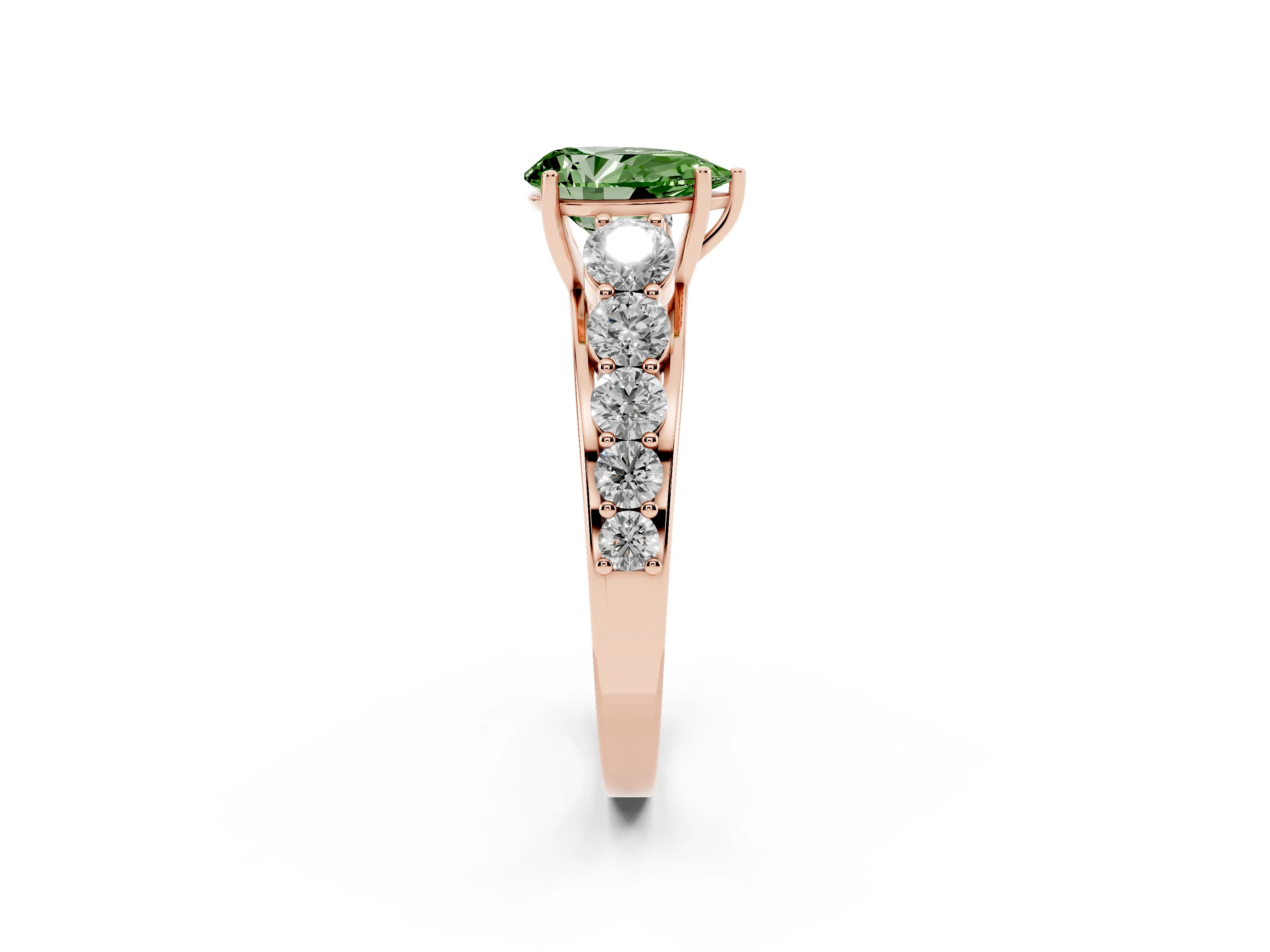 Fancy Green Pear Cut Diamond Solitaire Ring Set in Rose gold with Pavé-Set Band and Prong Setting