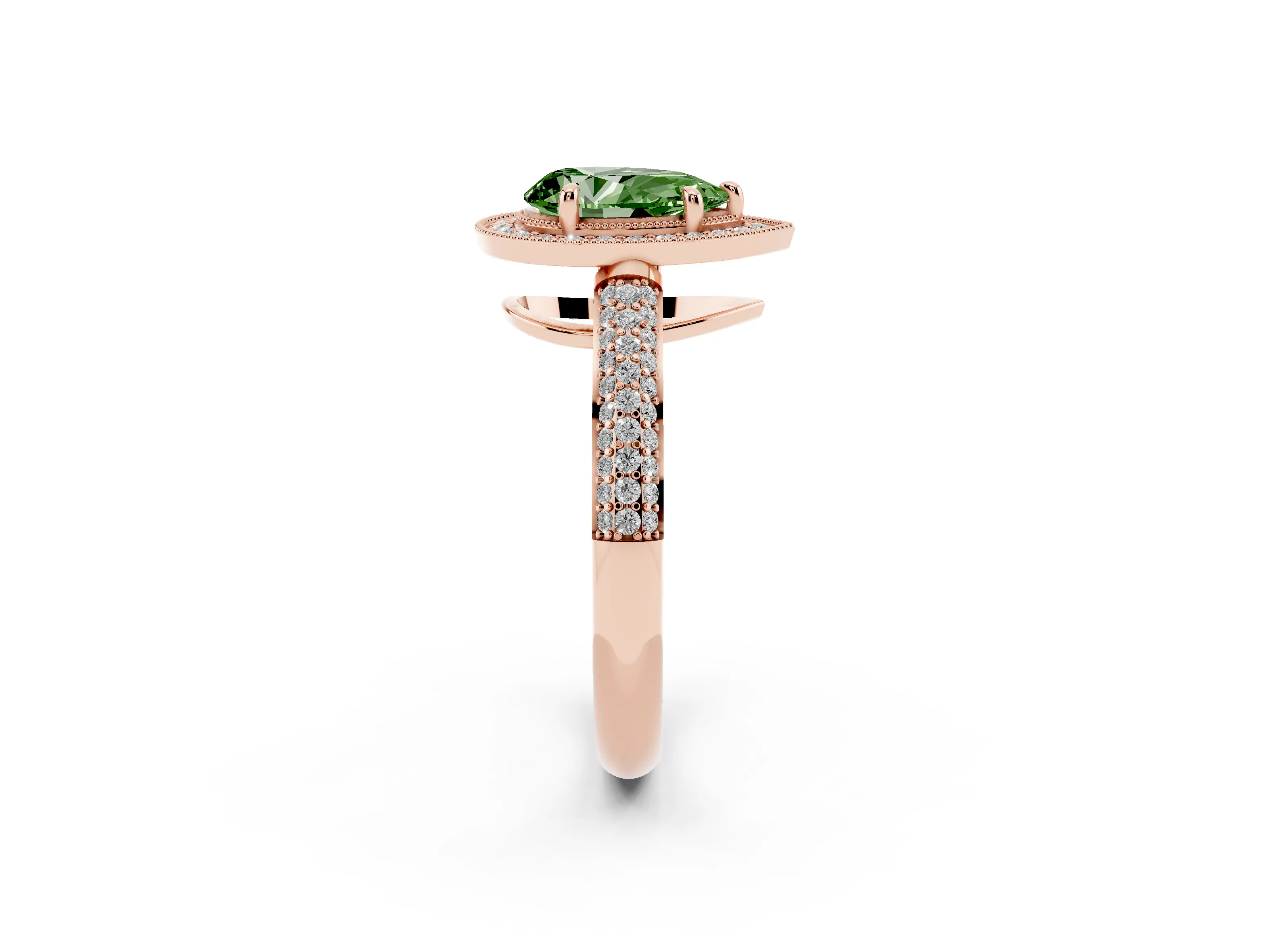 Fancy Green Pear Cut Diamond Halo Pavé Band Set in Rose gold with Prong Setting