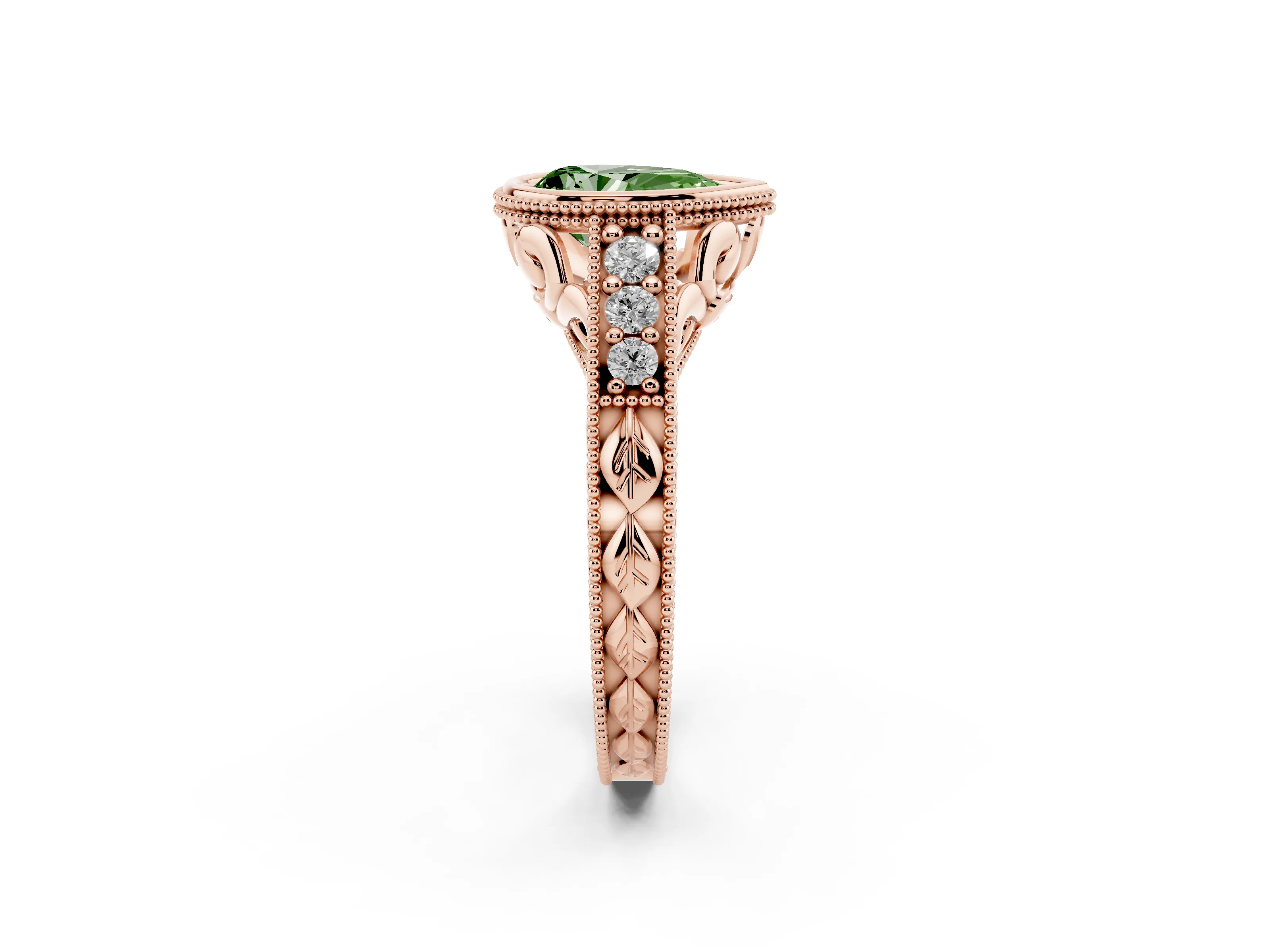 Fancy Green Bezel Set Pear Cut Diamond Milgrain Pavé Engagement Ring Set in Rose gold