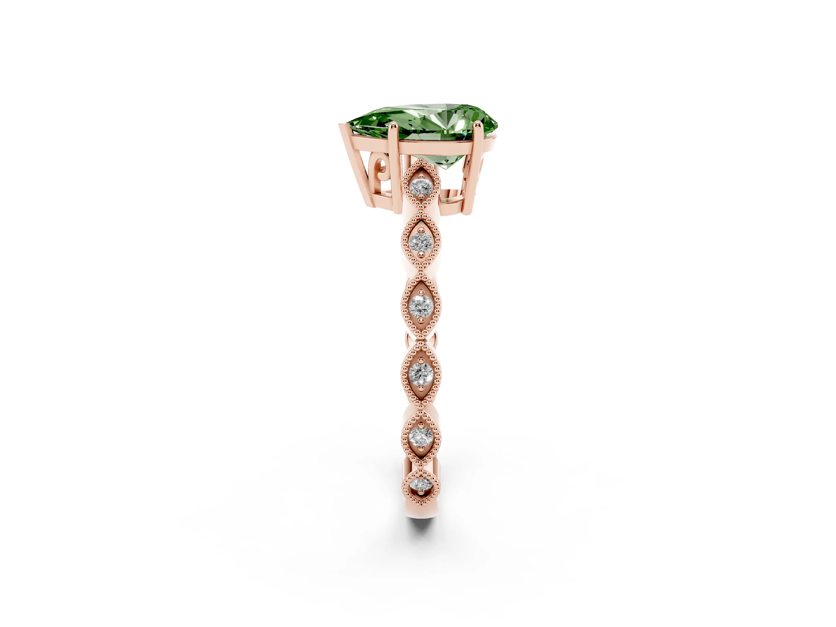 Fancy Green Pear Cut Diamond Solitaire Ring Set in Rose gold with Infinity Twist Pavé Band