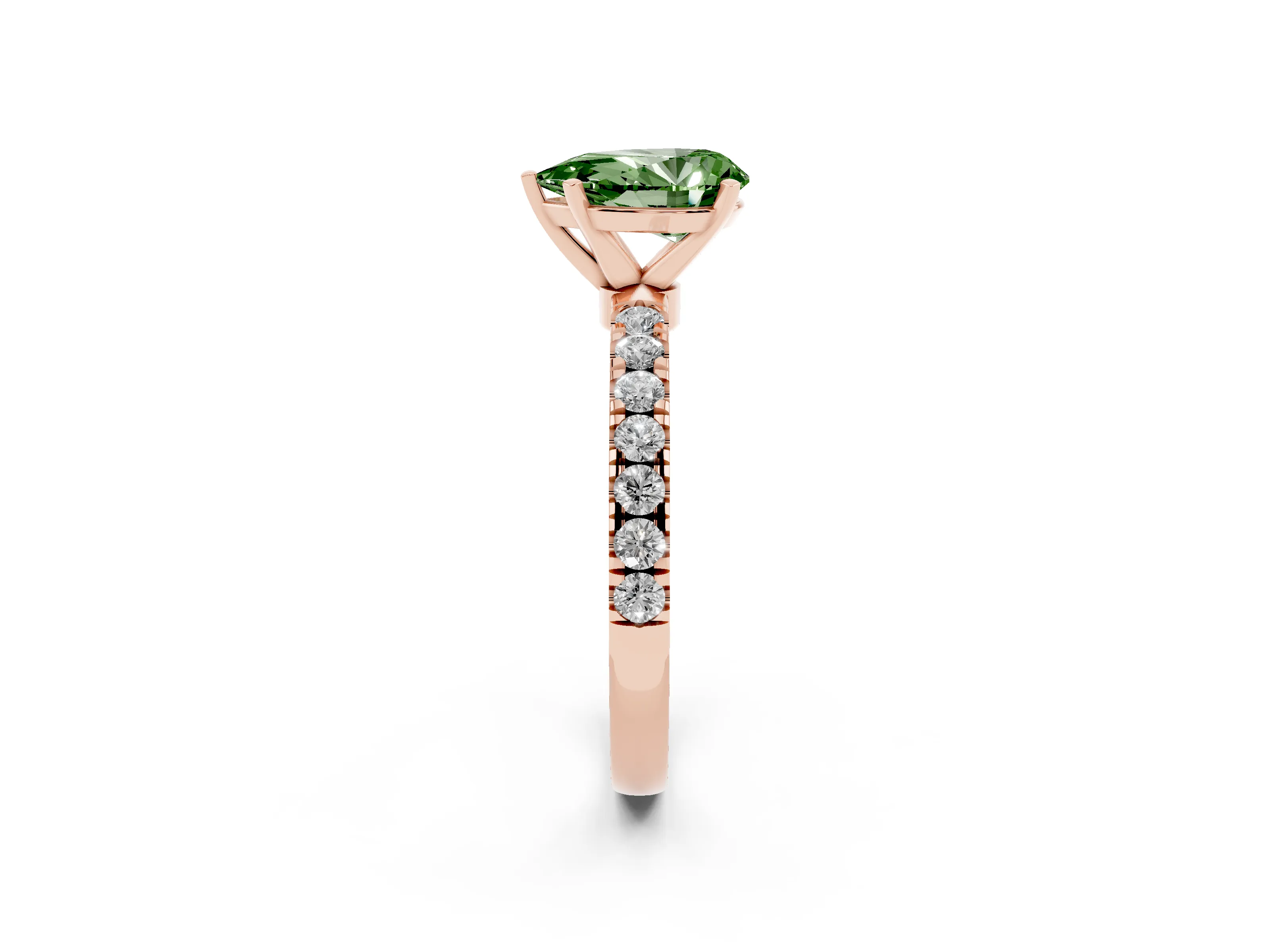 Fancy Green Pear Cut Diamond Solitaire Ring Set in Rose gold with Pavé Accents and Prong Setting