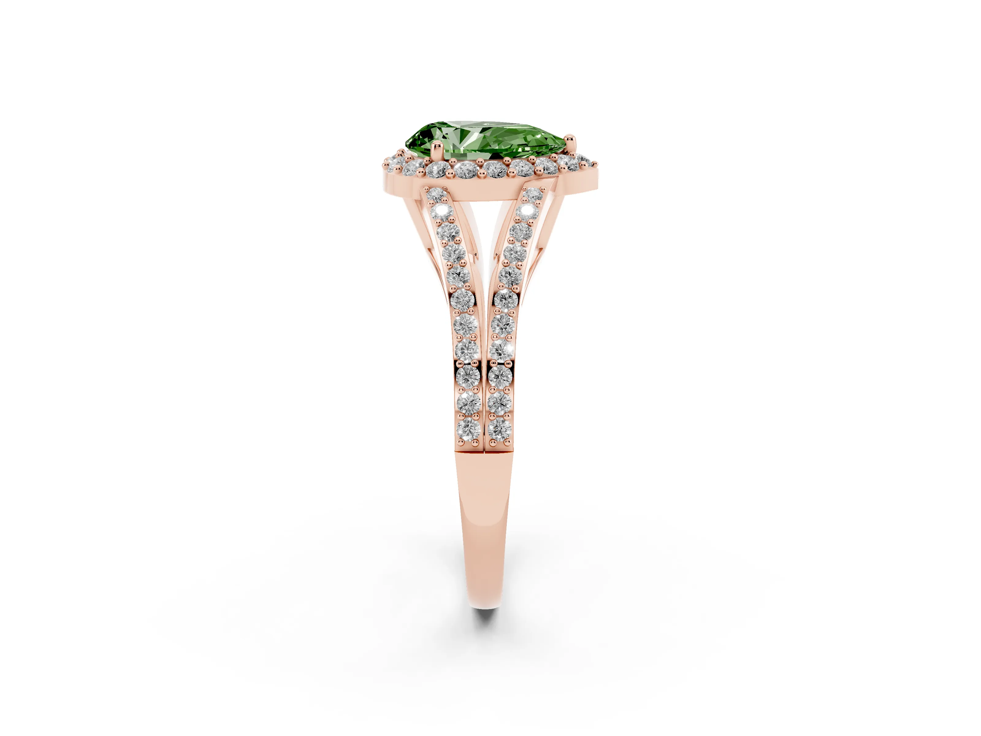 Fancy Green Pear Cut Diamond Halo Split Shank Pavé Ring Set in Rose gold with Prong Setting