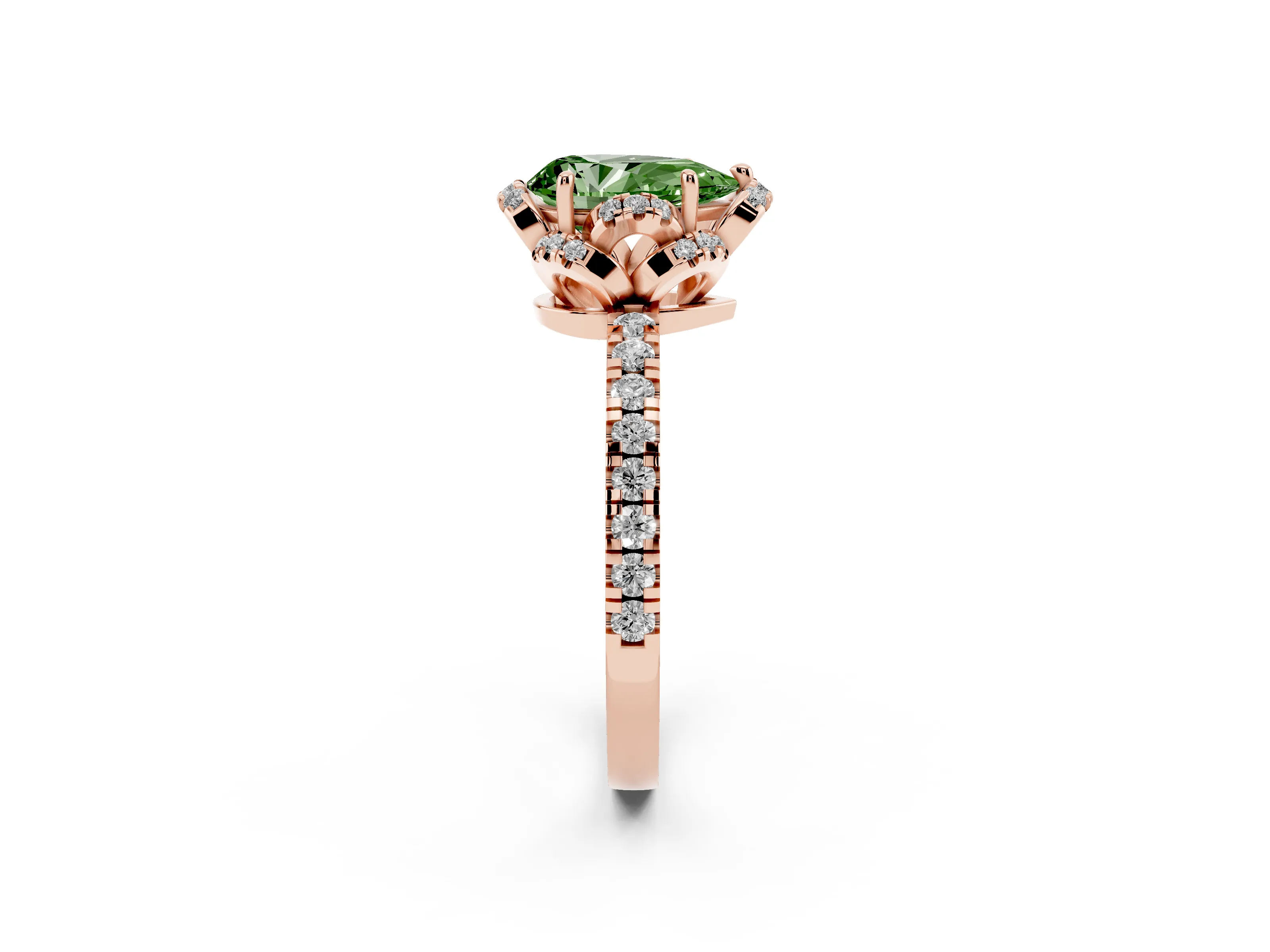 Fancy Green Pear Cut Diamond Halo Pavé Band Ring Set in Rose gold with Prong-Held Center