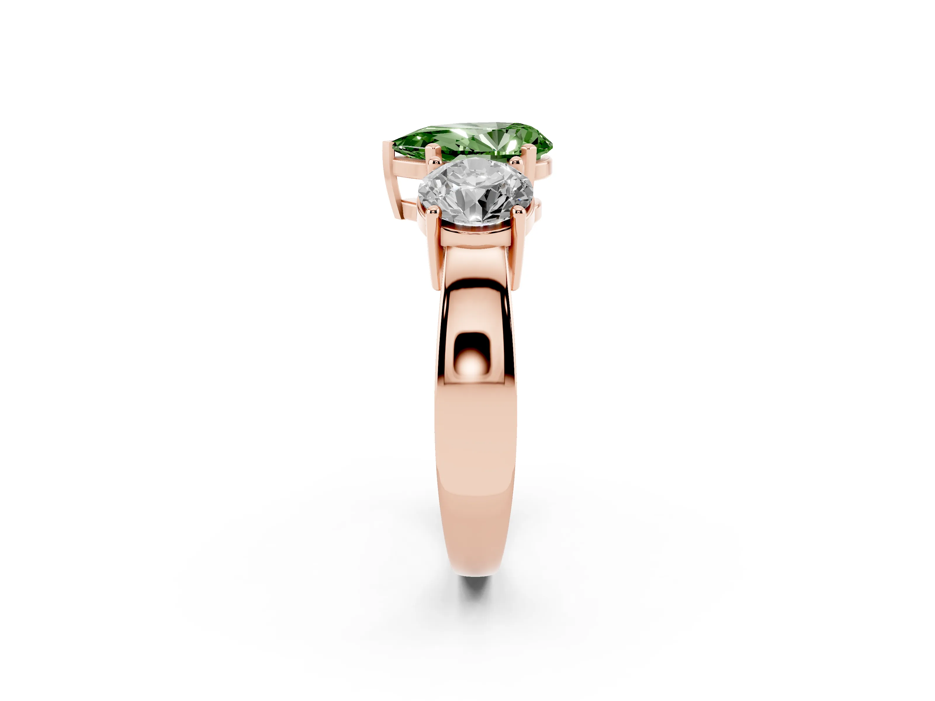 Fancy Green Pear Cut Diamond Three-Stone Ring Set in Rose gold with Round Side Stones and Classic Band