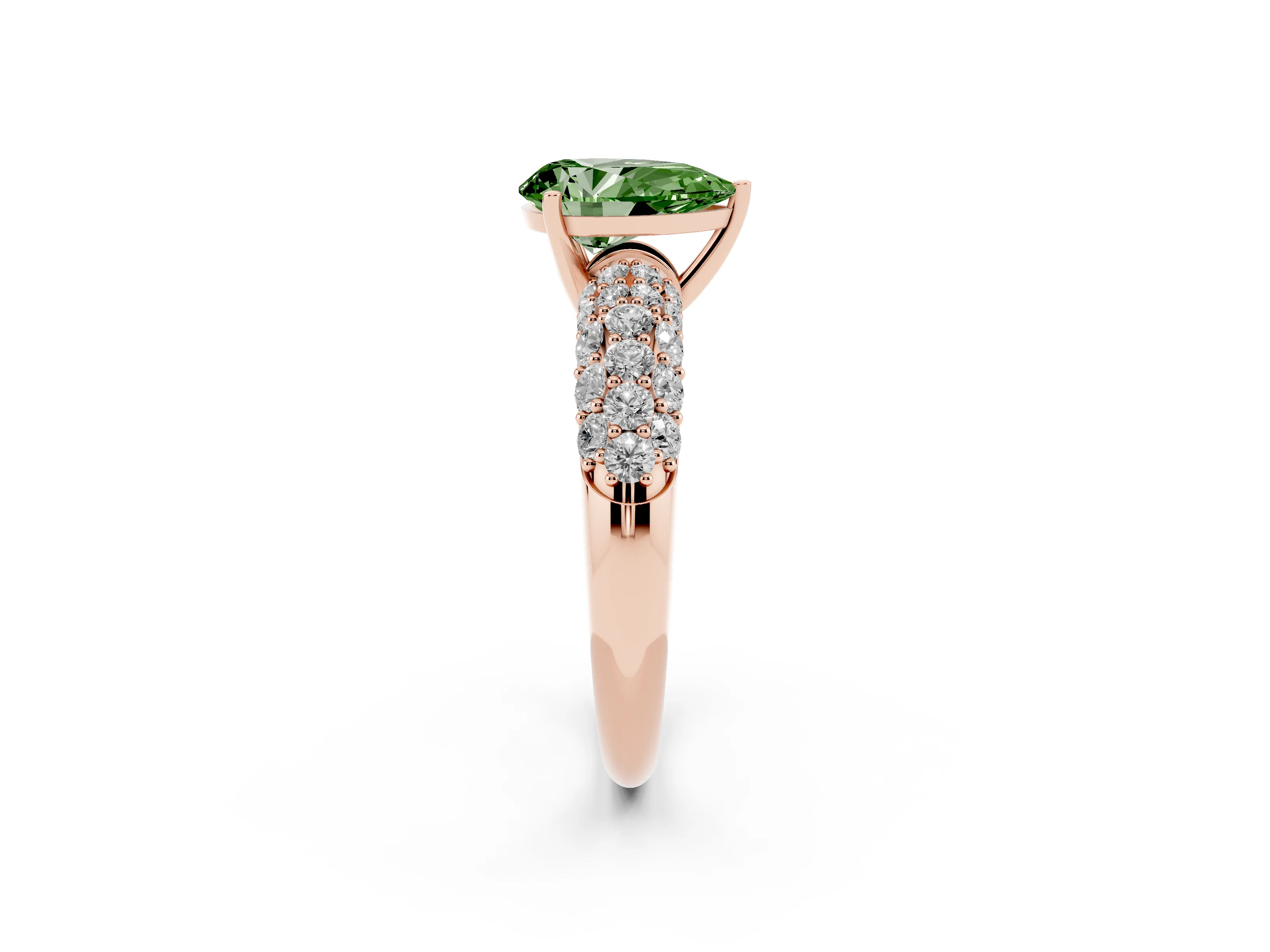 Fancy Green Pear Cut Diamond Pavé Band Solitaire Ring Set in Rose gold with Close-Set Accent Stones and Prong Setting