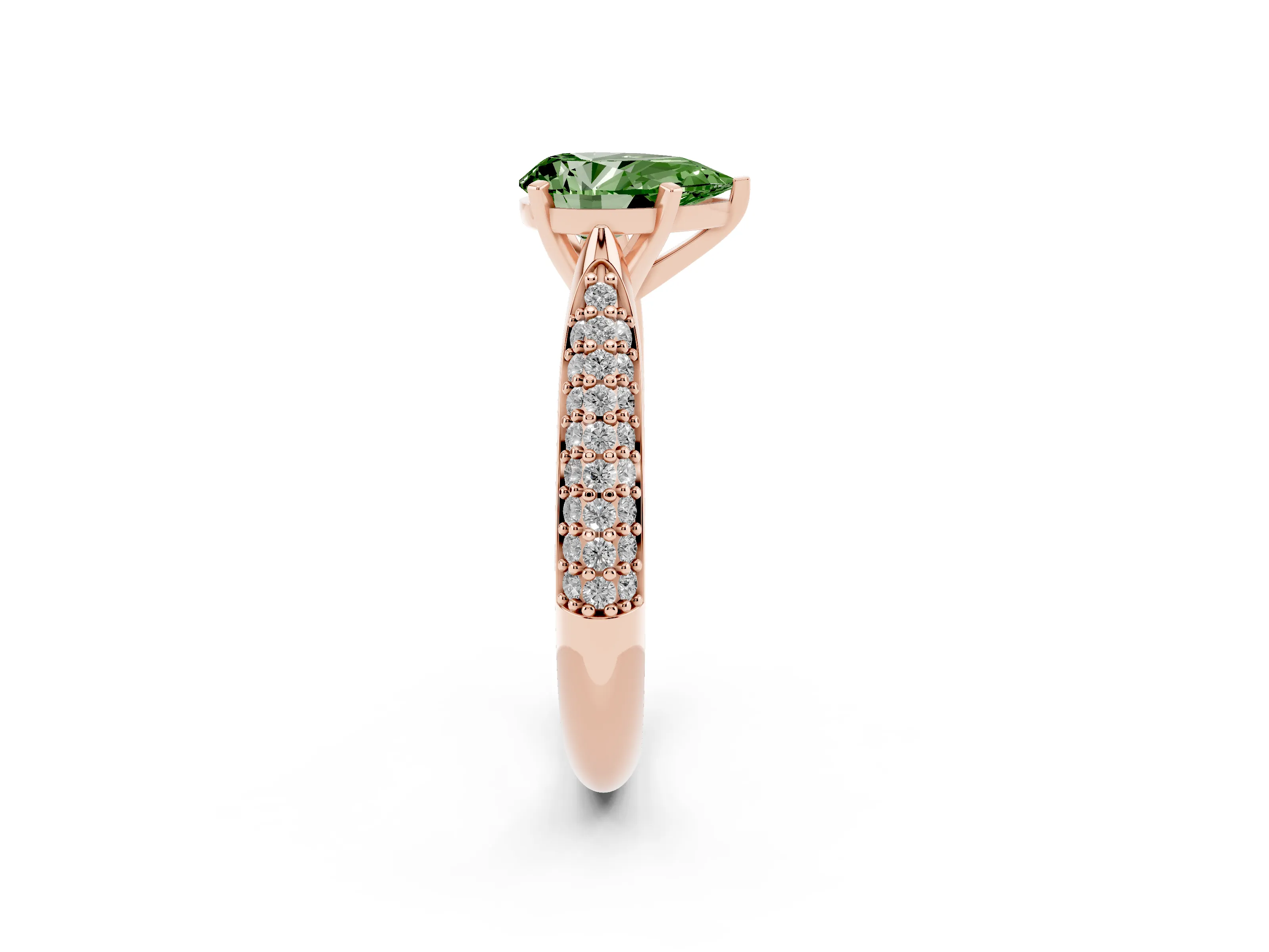 Fancy Green Pear Cut Diamond Solitaire Engagement Ring Set in Rose gold with Multi-Row Round Pavé Band and Prong Setting