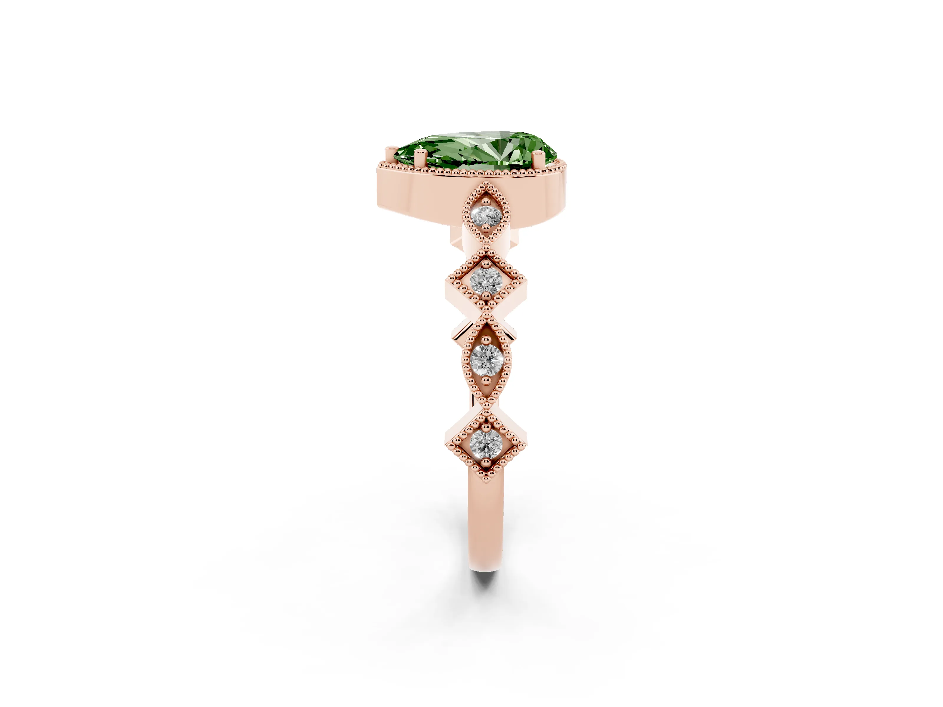 Fancy Green Pear Cut Diamond Milgrain Marquise Twist Band Ring Set in Rose gold with Prong Setting