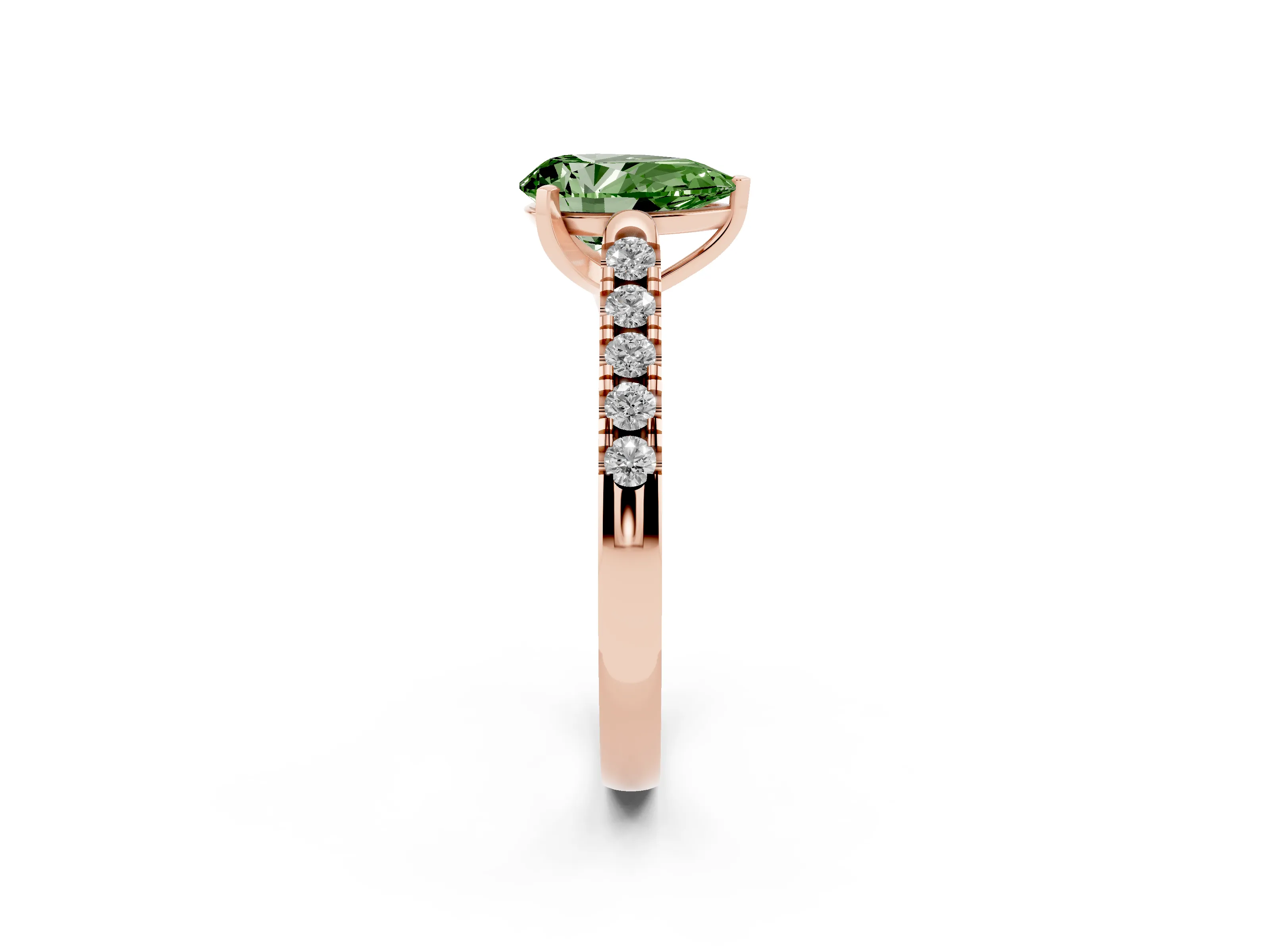 Fancy Green Pear Cut Diamond Pavé Band Solitaire Ring Set in Rose gold with Partway Accent Stones and Prong Setting