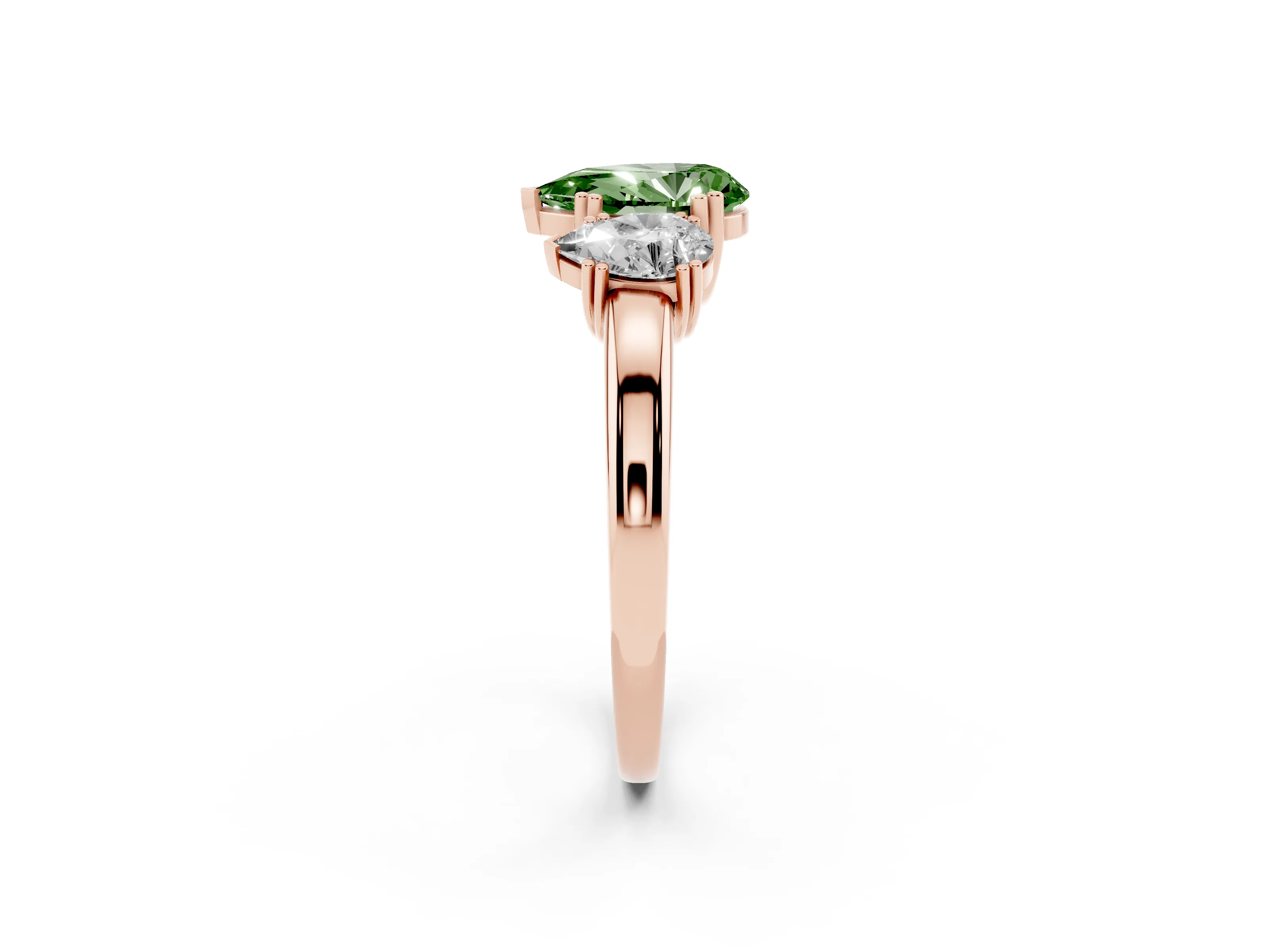Fancy Green Pear Cut Diamond Three-Stone Ring Set in Rose gold with Polished Channel-Set Band