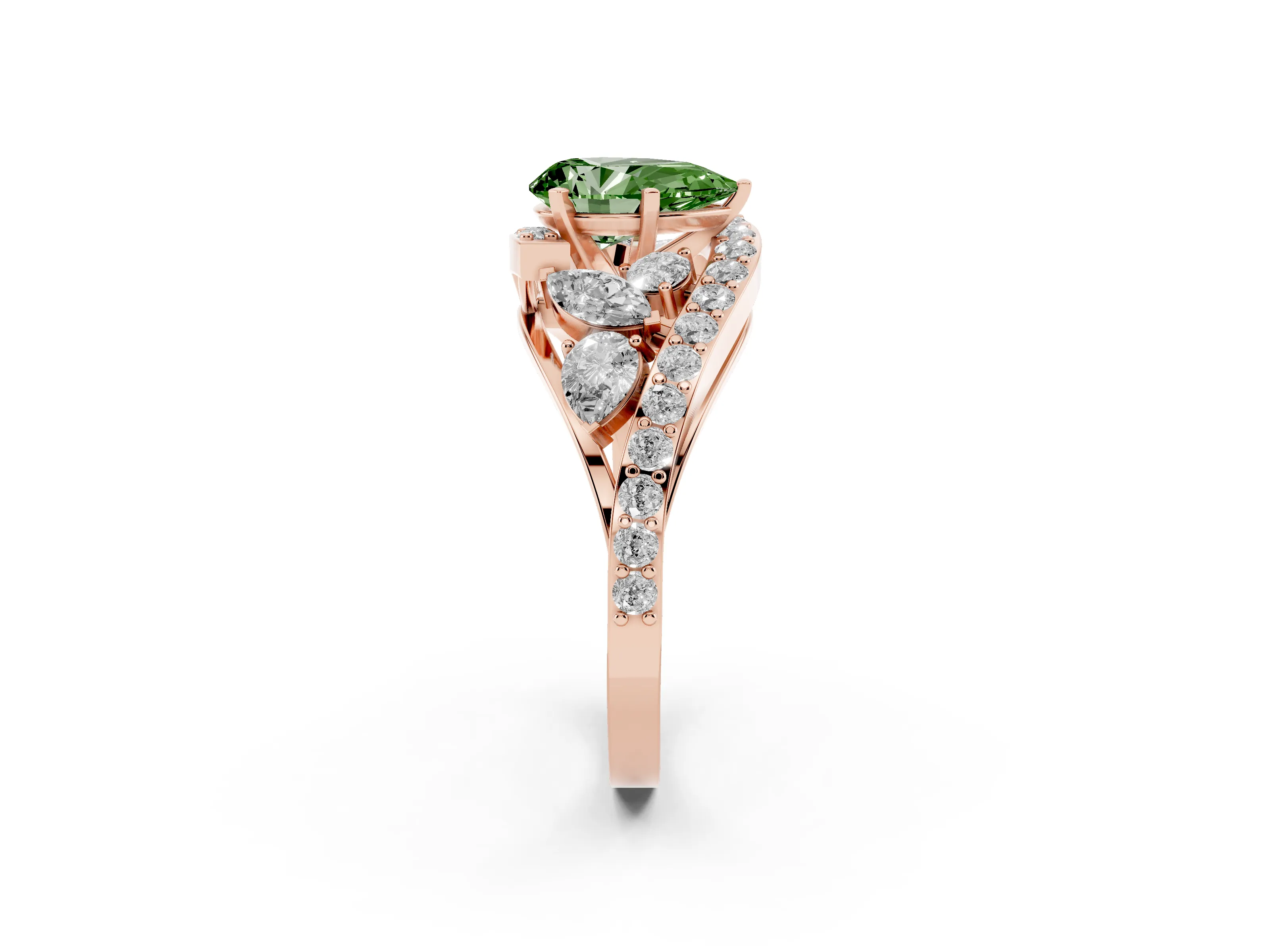 Fancy Green Pear Cut Diamond Halo Ring Set in Rose gold with Marquise and Pavé Band in Prong Setting