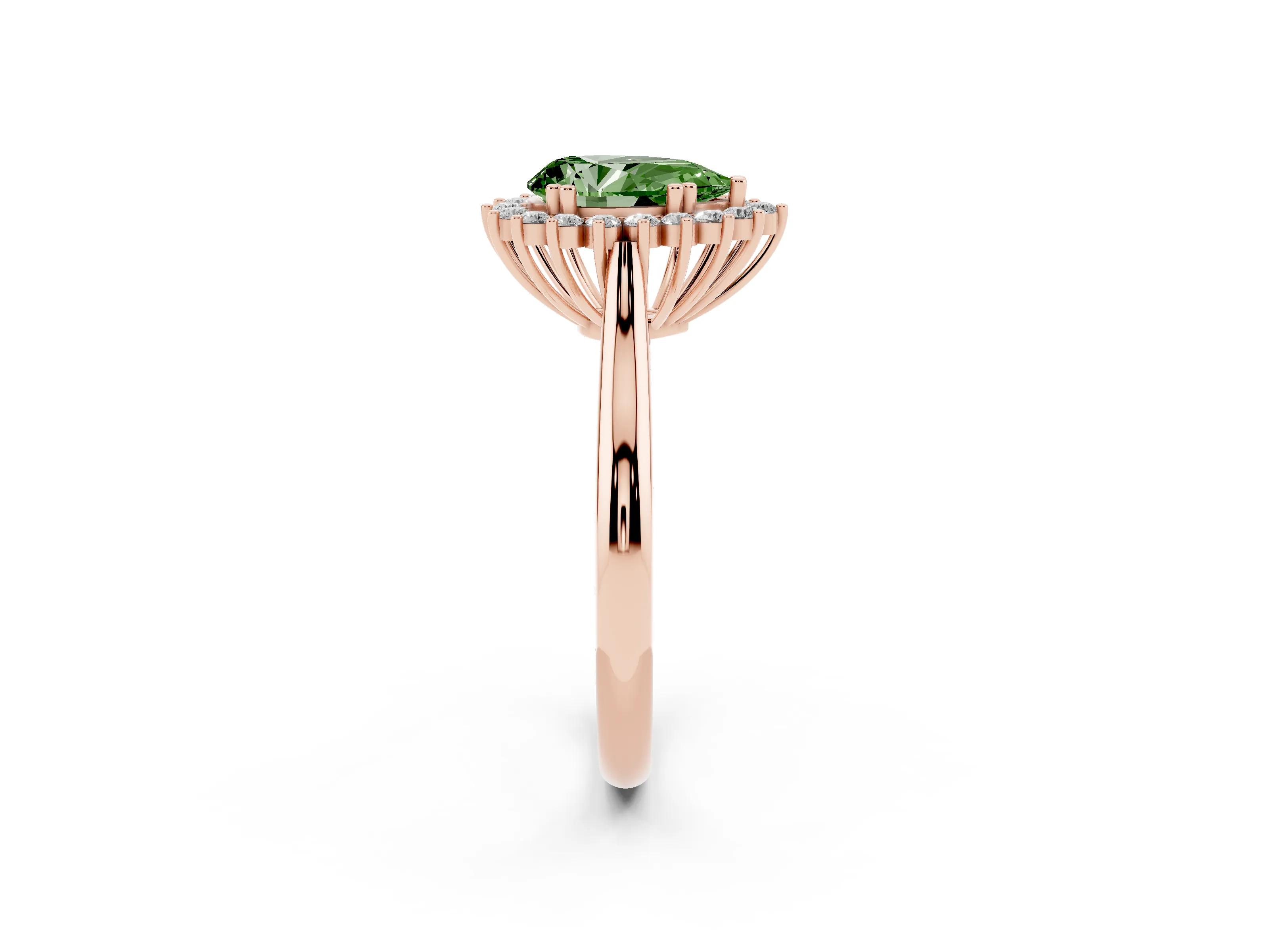 Fancy Green Pear Cut Diamond Halo Ring Set in Rose gold with Plain Solitaire Band and Prong Setting